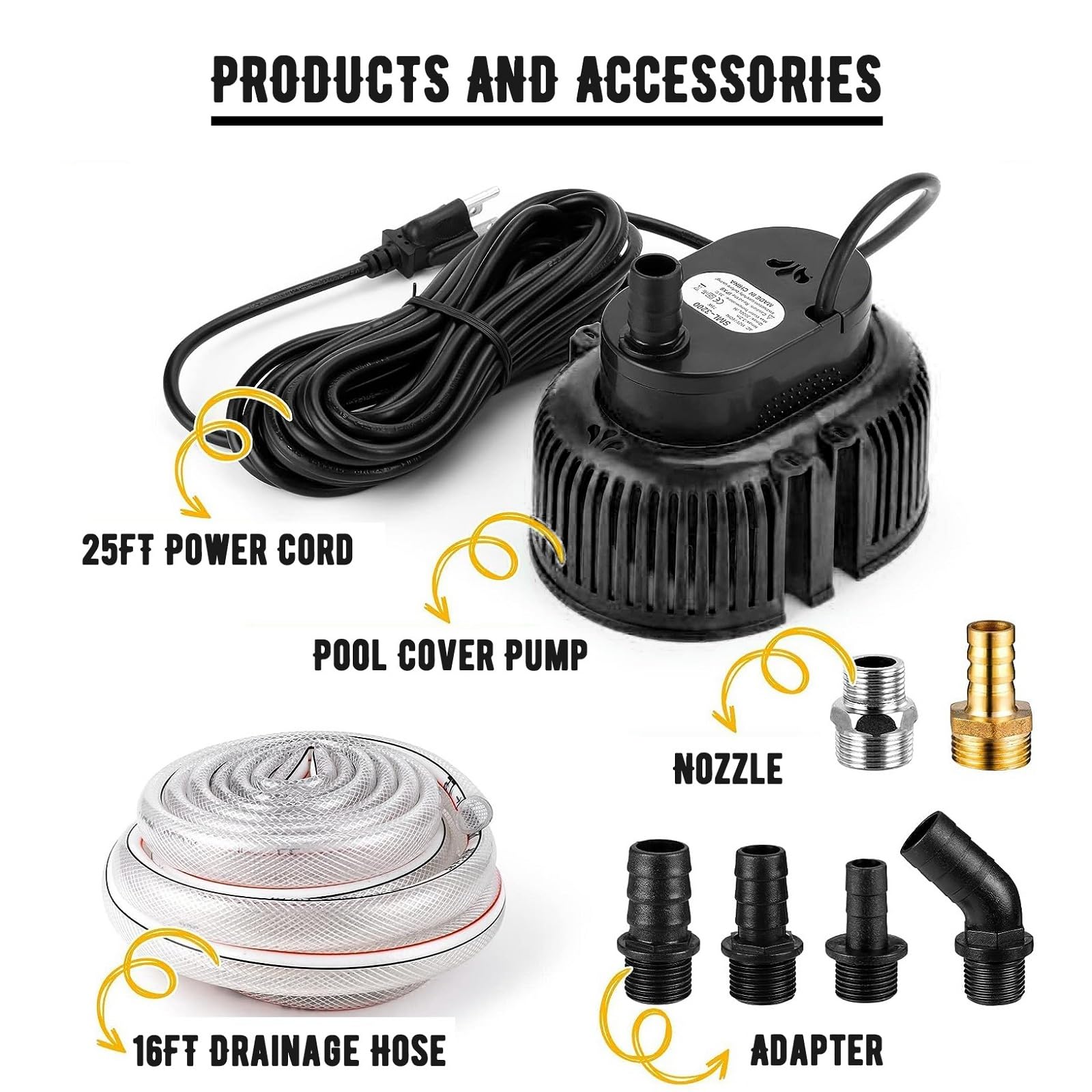 **Heavy Duty Submersible Pool Cover Pump for Above Ground Pools - 3300 GPH Water Pump with 16ft Drainage Hose & 25ft Power Cord - Ideal for Pool Draining, Sump Pumping, and Flood Prevention (Black)**