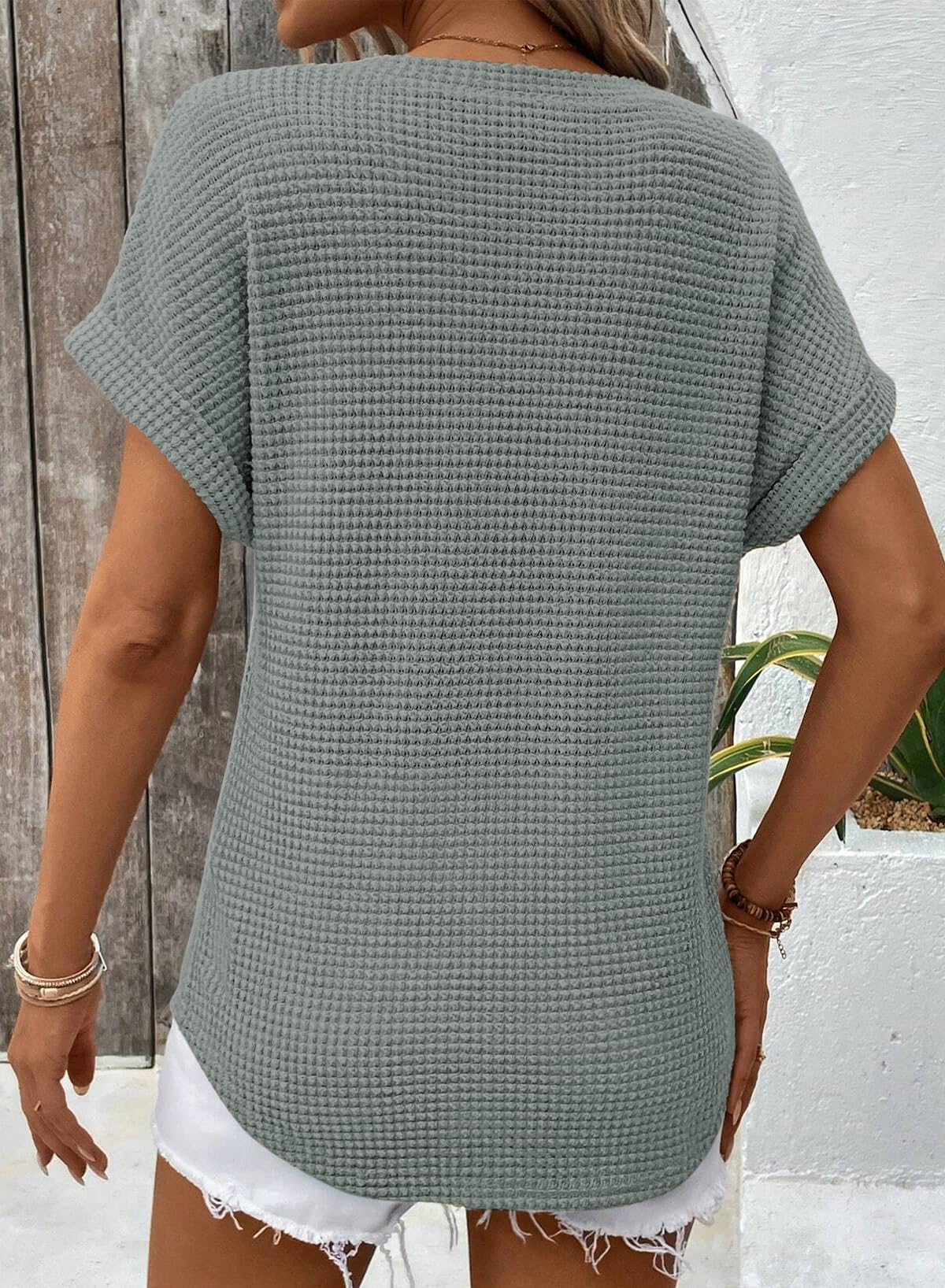 Dokotoo Women's Waffle Knit Tops 2025 Spring Summer V-Neck Shirts - Casual Trendy Blouses & Basic Tees for Everyday Wear, Office, and Weekend Outfits