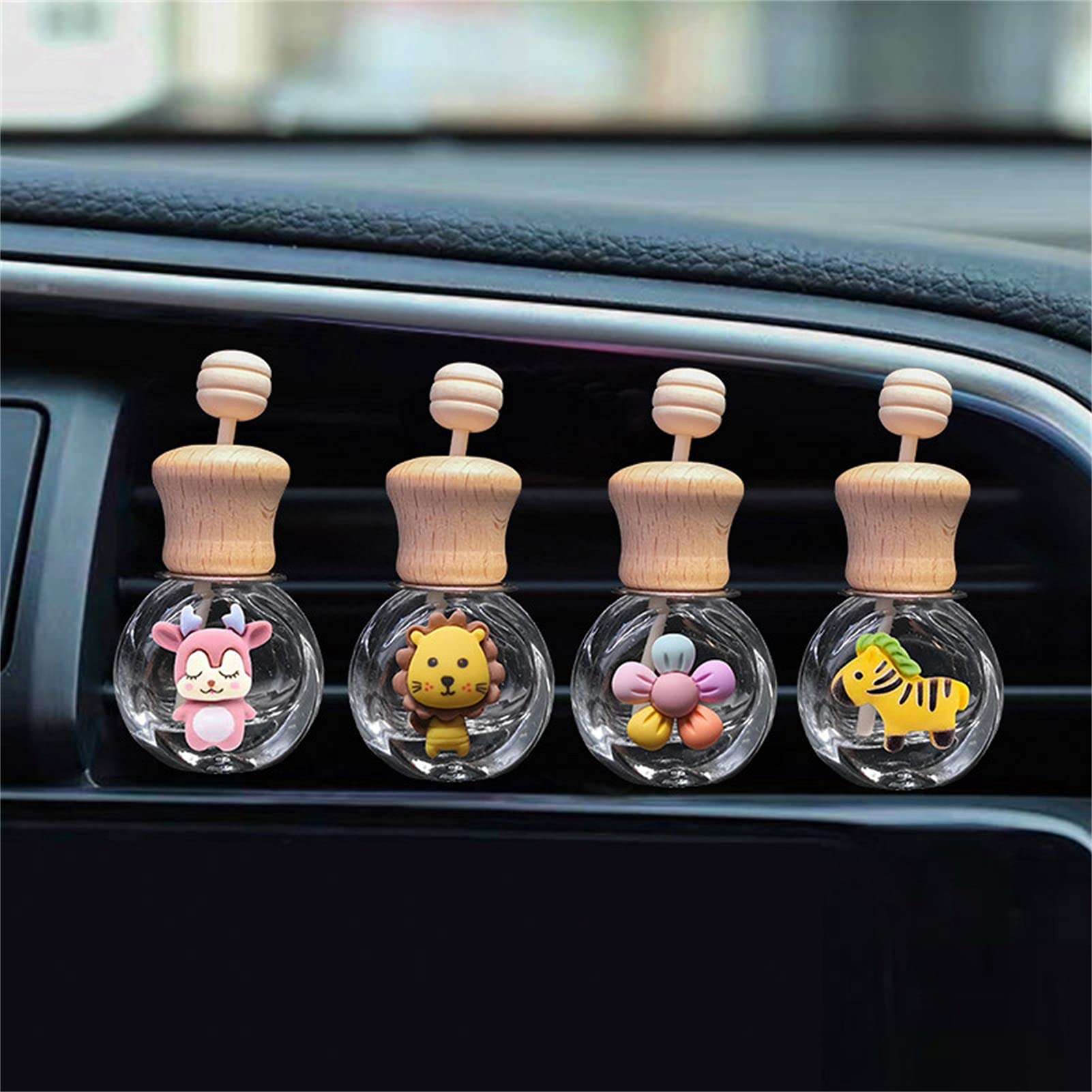 Premium Car Air Freshener Set - 2 Pack Bottle-Shaped Glass Vent Clips with Natural Wood Lid | Easy Install Car Perfume Diffuser | Bee Design Interior Accessories | Perfect for Sedans, SUVs & Office Spaces