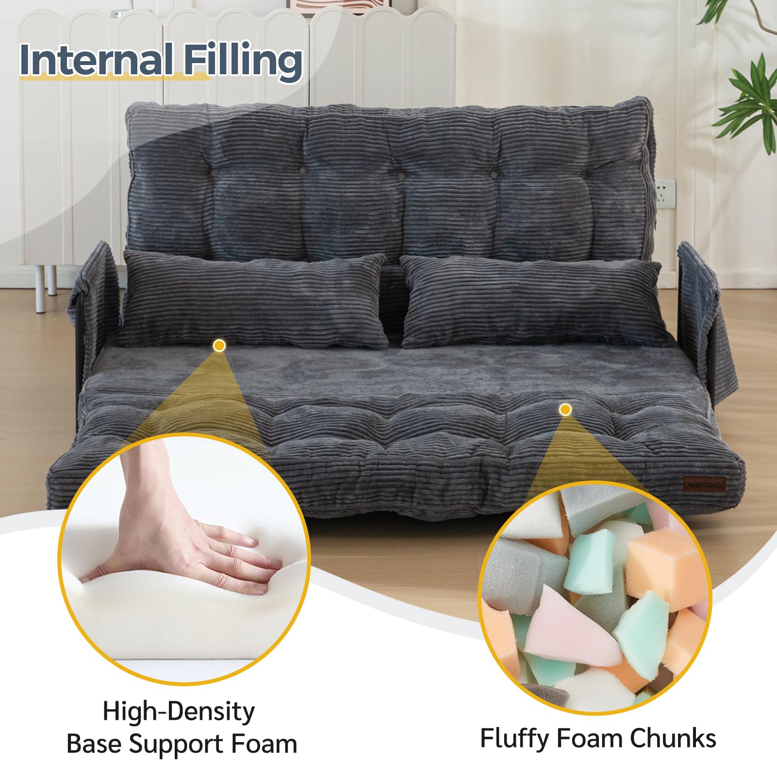 MAXYOYO Adjustable Floor Sofa Bed with 2 Pillows - Multi Functional Bean Bag Sleeper Bed with Armrest for Reading, Gaming & Lounging - Dark Grey - Perfect for Small Spaces, Dorm Rooms & Home Theater Seating