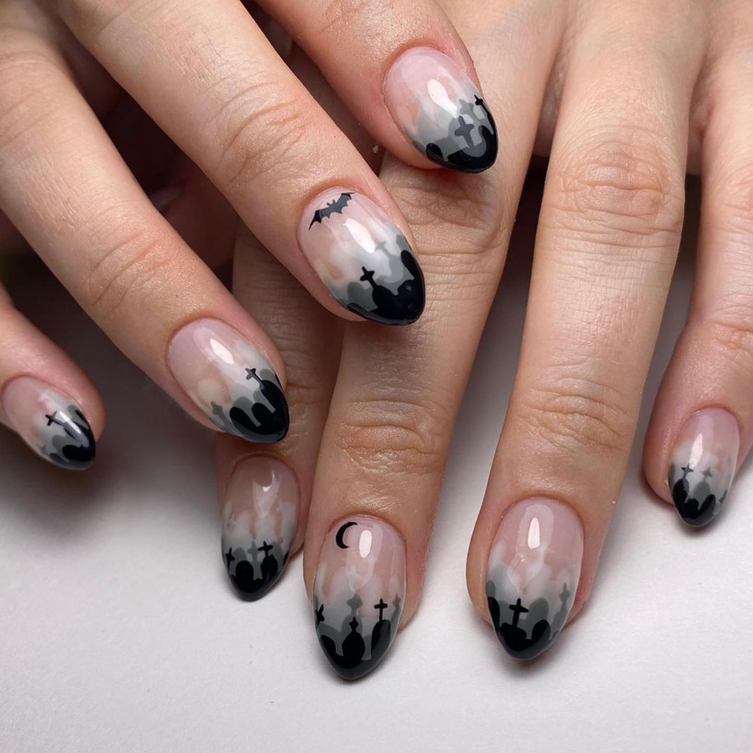 24pcs Halloween Press on Nails Short Black Almond Fake Nails - Full Cover Acrylic False Nails with Glue for Manicure Decor | Perfect for Halloween Parties, Cosplay & Daily Wear