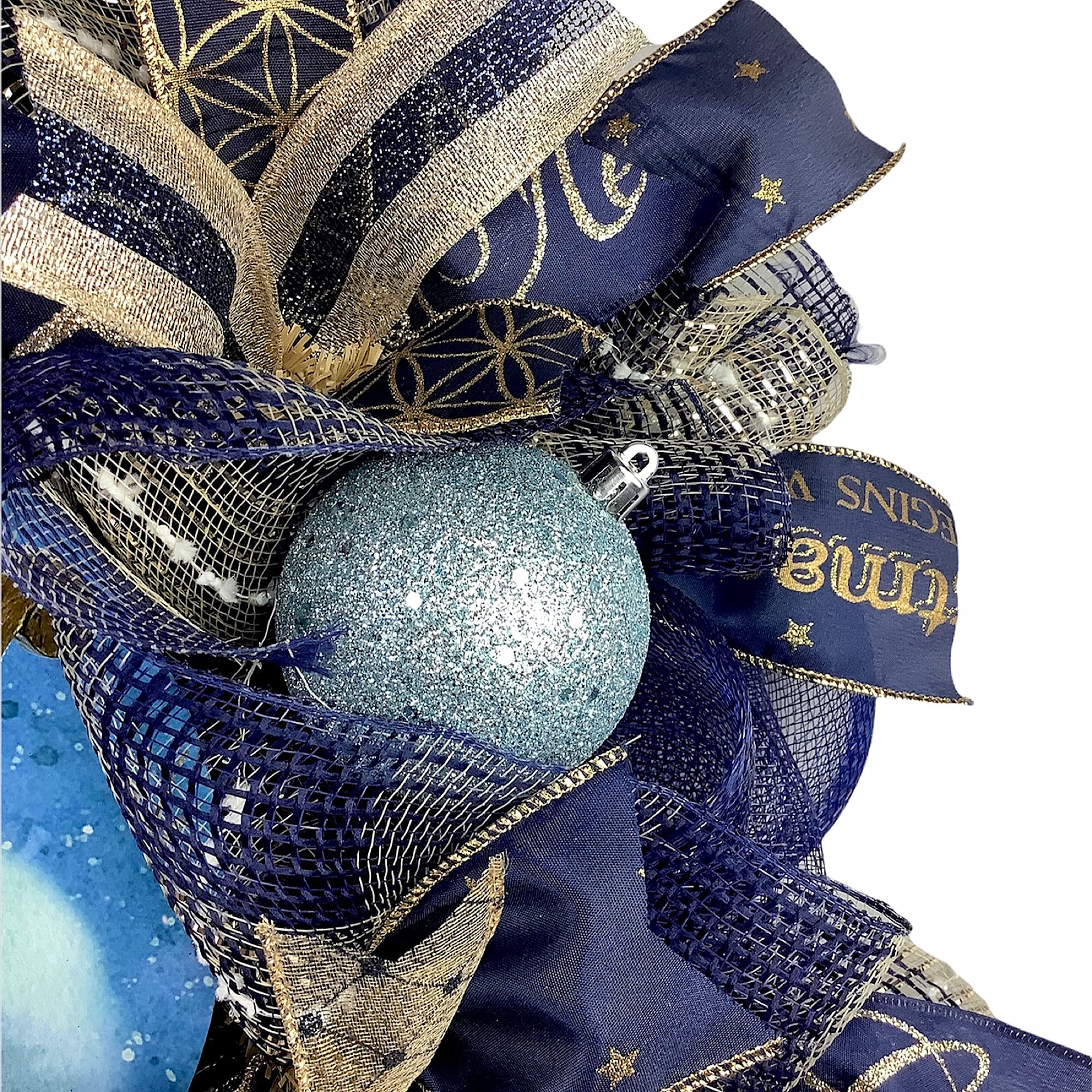 Nativity Christmas Wreath with Baby Jesus in Manger - Elegant Navy Blue & Gold Ball Ornaments and Bow - Perfect for Holiday Door Decor, Fireplace Mantel, and Christmas Tree Topper