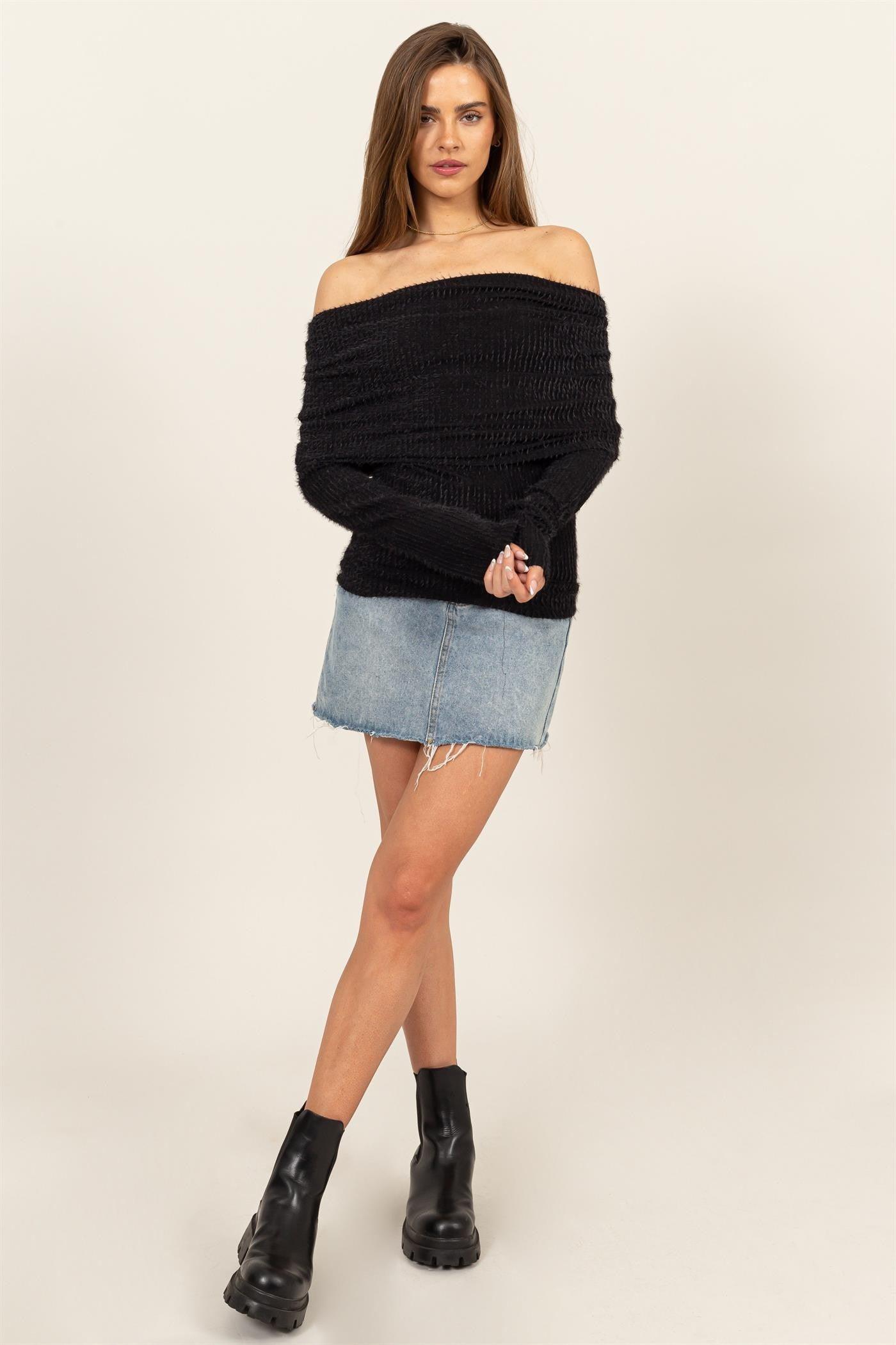 Natalee Black Fuzzy Top for Women - Soft Cozy Winter Sweater - Perfect for Casual Outfits & Holiday Parties