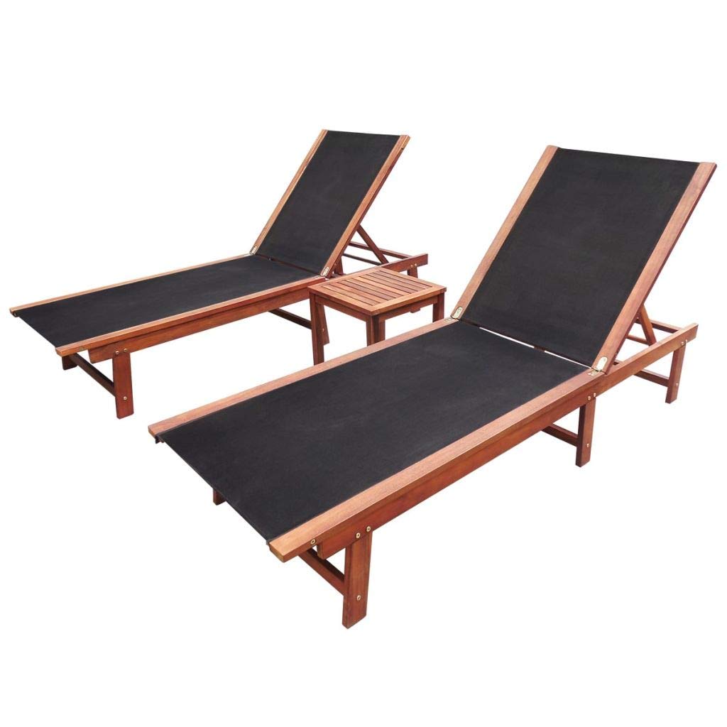 3-Piece Patio Chaise Lounge Set - Solid Wood & Textilene Outdoor Furniture with Adjustable Backrest and Side Table - Perfect for Poolside, Garden, Backyard Relaxation and Sunbathing