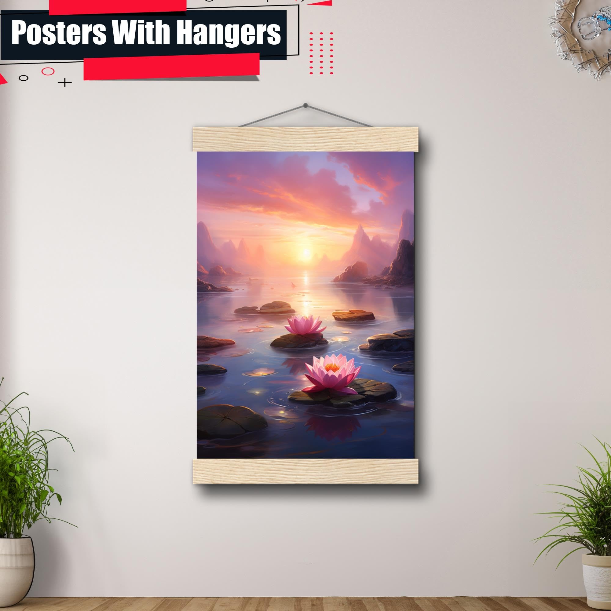 Zen Wall Art Decor - Framed Zen Garden Poster with Stone Flower & Peaceful Water Sunset - Meditation & Yoga Room Decor for Home, Office, Spa - Perfect for Relaxation & Mindfulness Spaces