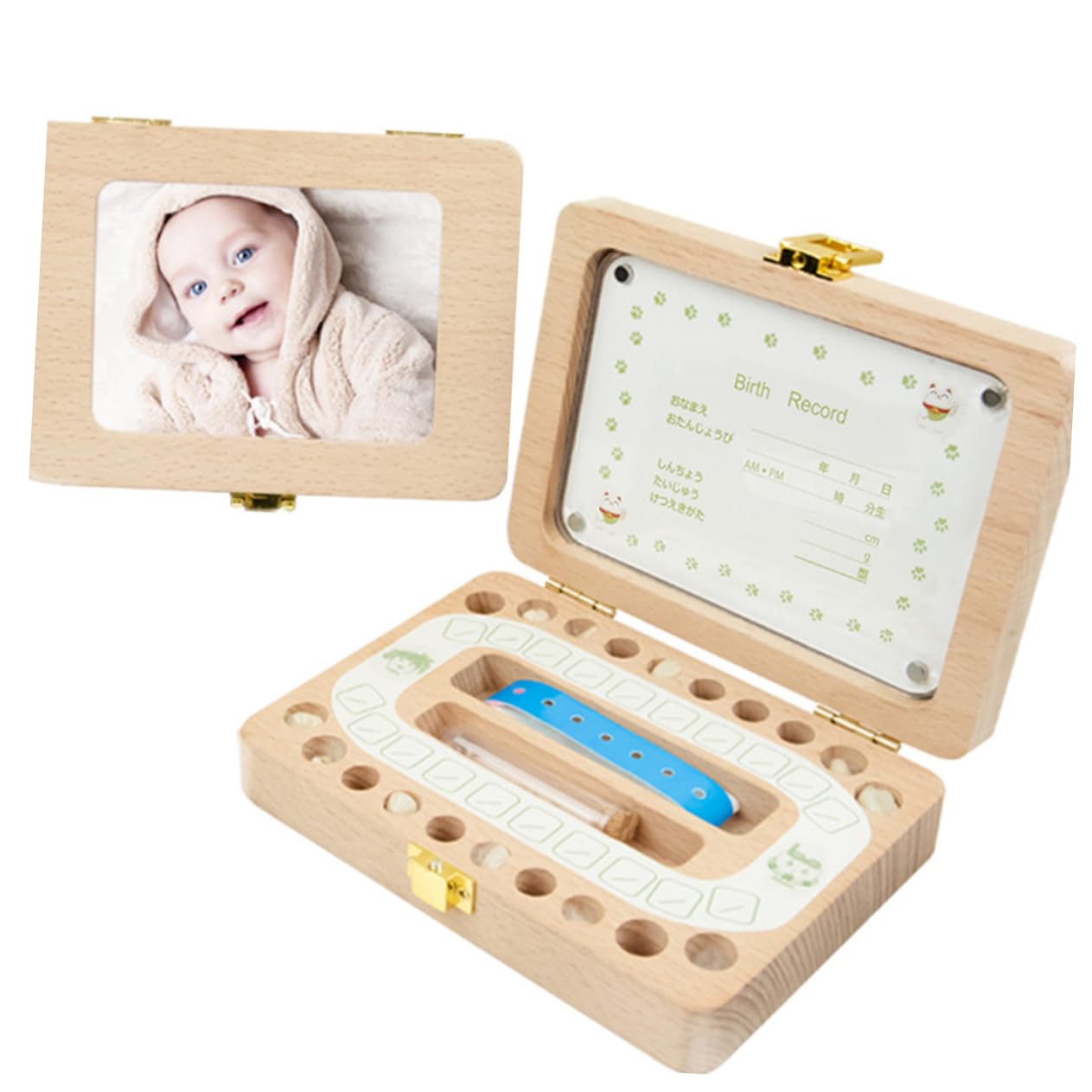 HEMOTON Baby Teeth Memory Box Set - 2 Pack Wooden Keepsake Box with Japanese Stickers & Tooth Chart for Kids - Perfect for First Tooth, Milestone Memories & Baby Shower Gifts