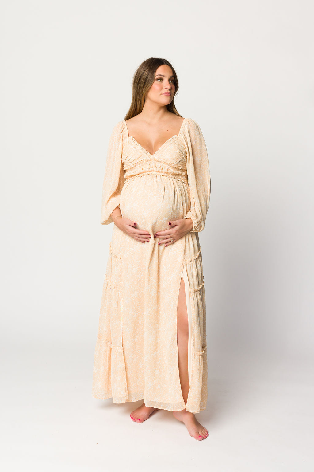 Light Beige Floral Maxi Dress with Long Sleeves - Bump Friendly Maternity Dress in Inclusive Sizes XS to 3XL - Perfect for Pregnancy, Nursing, and Special Occasions
