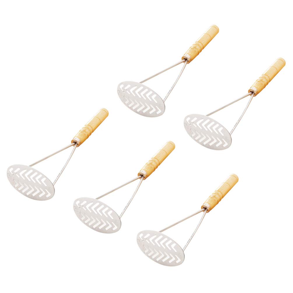 UPKOCH 5-Piece Stainless Steel Potato Masher Set with Wooden Handle - Heavy Duty Kitchen Tool for Mashing Potatoes, Fruits, Vegetables, Guacamole, Egg Salad & Banana Bread - Perfect for Home Cooking, Baking & Meal Prep