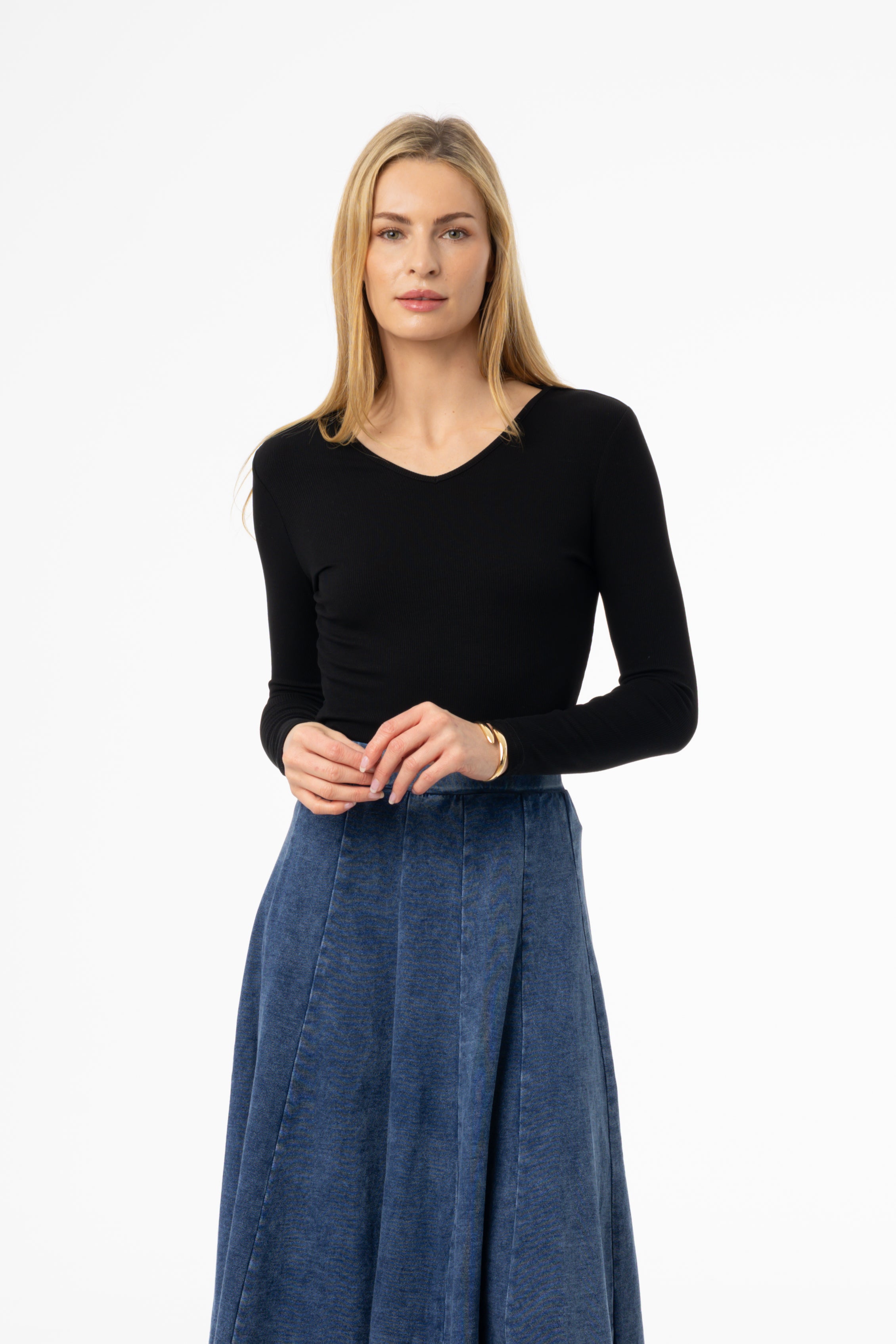Black Lower V Neck Tee for Women - Soft Stretch Cotton Casual T-Shirt | Perfect for Layering, Everyday Wear & Date Nights