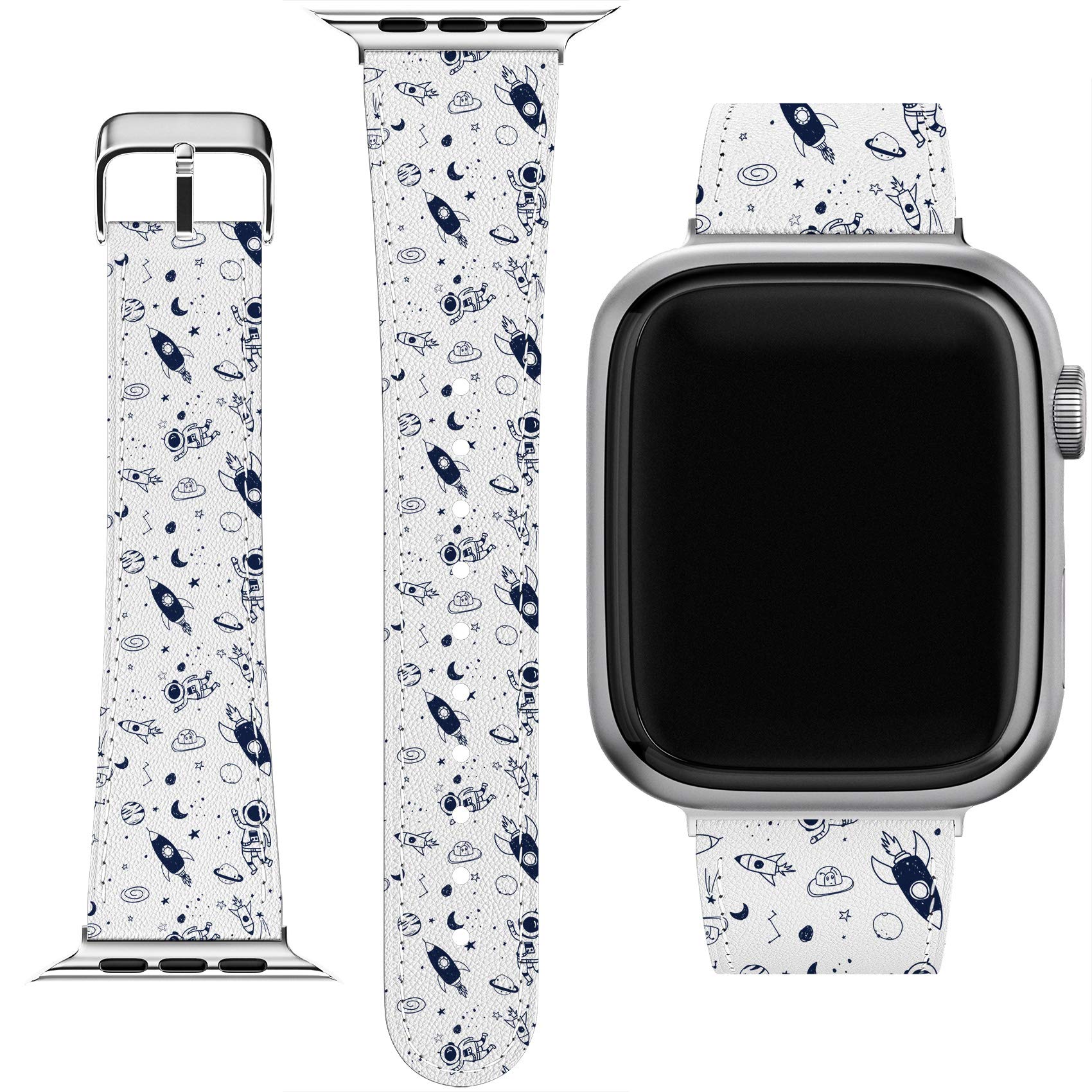 Premium PU Leather Wrist Band Compatible with Apple Watch Series 7/6/5/4/3/2/1/SE (38-40-41-42-44-45mm) - Stylish Galaxy Rockets Astronaut Print Bracelet Strap with Matching Phone Case | Perfect for Space Enthusiasts, Fashion Accessories & Everyday Wear