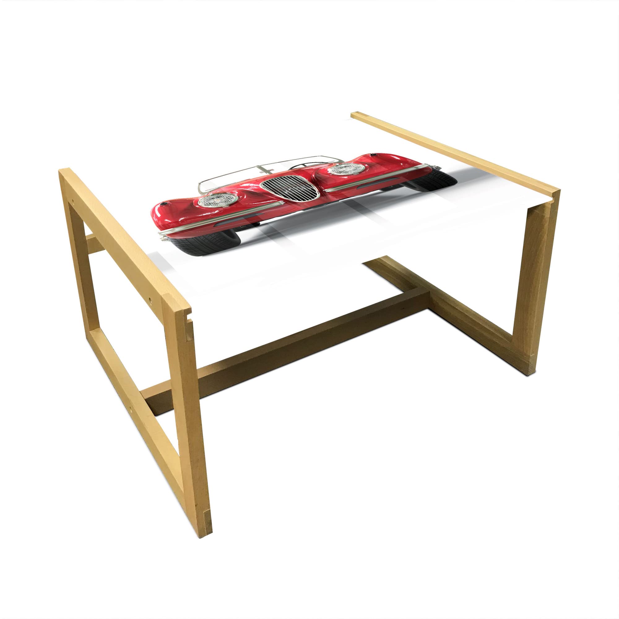 Ambesonne Vintage Red Roadster Race Car Coffee Table - Acrylic Glass Top with Wooden Frame for Office, Dorm, Living Room - Medium Size in Ruby, Dark Grey & White - Perfect for Home Decor, Man Cave, or Auto Enthusiast Gifts