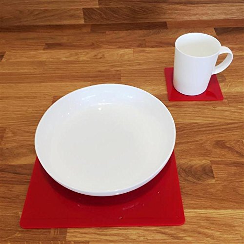 Square Placemat and Coaster Set - Red - Set of 6 - Large Size - Waterproof and Heat Resistant - Perfect for Dining Table, Kitchen, and Party Decor