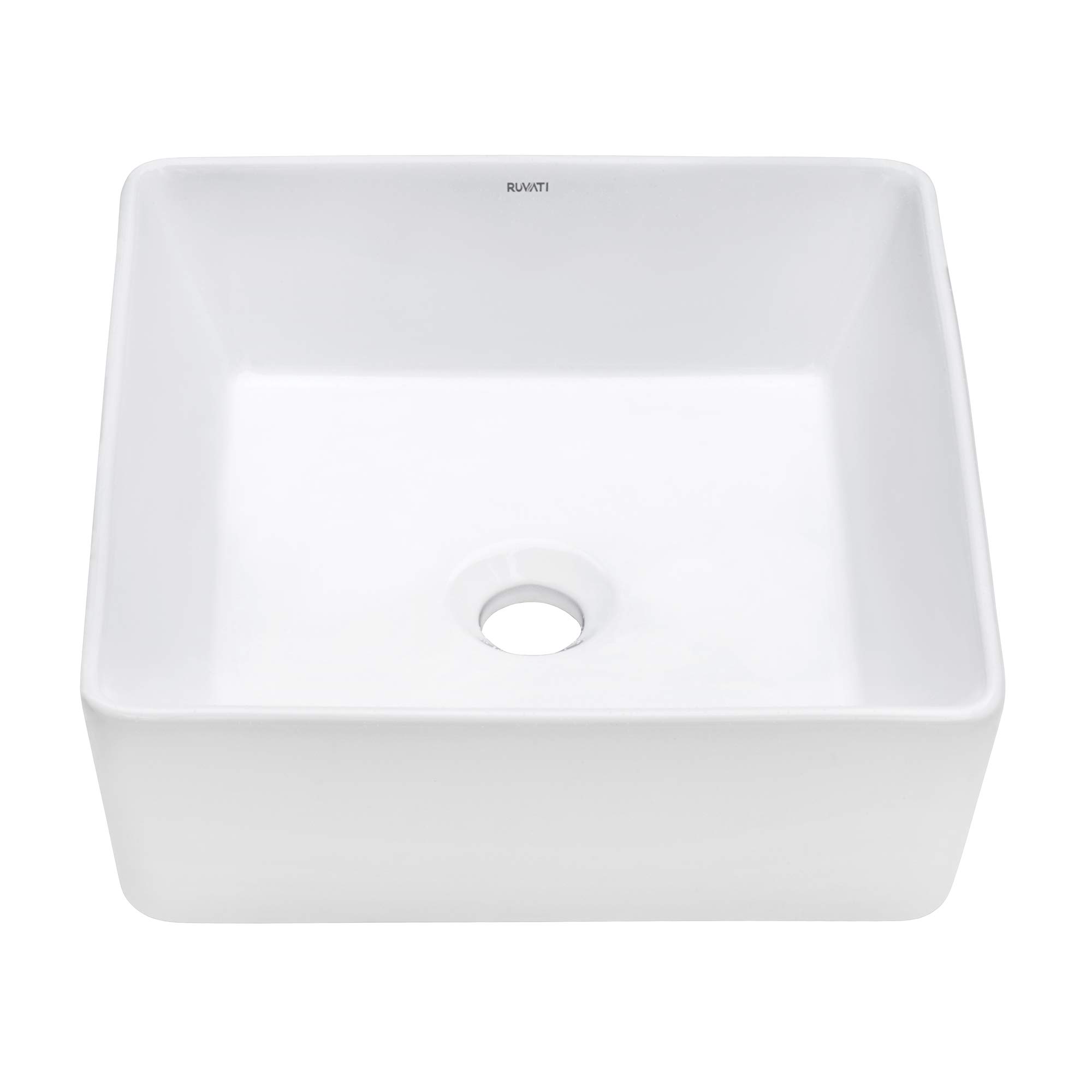 Ruvati 15 x 15 Inch White Rectangular Porcelain Vessel Sink for Bathroom Vanity - Above Counter Ceramic Basin - Perfect for Small Bathrooms, Powder Rooms & RV Bathrooms (Model RVB1616)