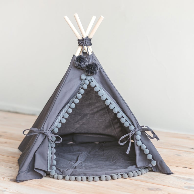 Soft Grey Pom Pom Teepee with Plush Mat - Cozy Kids Play Tent for Indoor & Outdoor Playtime, Reading Nook, and Nap Time