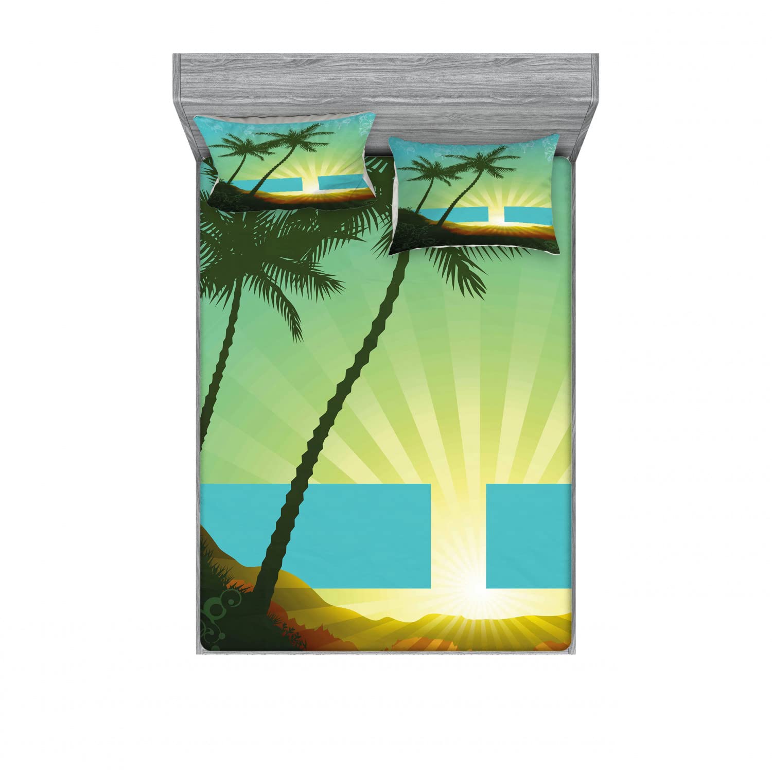 Ambesonne Tropical Sunrise 2-Pack Queen Fitted Sheet Set with 4 Pillow Shams - Seafoam Lime Green Island Theme Bedding - Perfect for Beach House, Vacation Rental & Coastal Decor