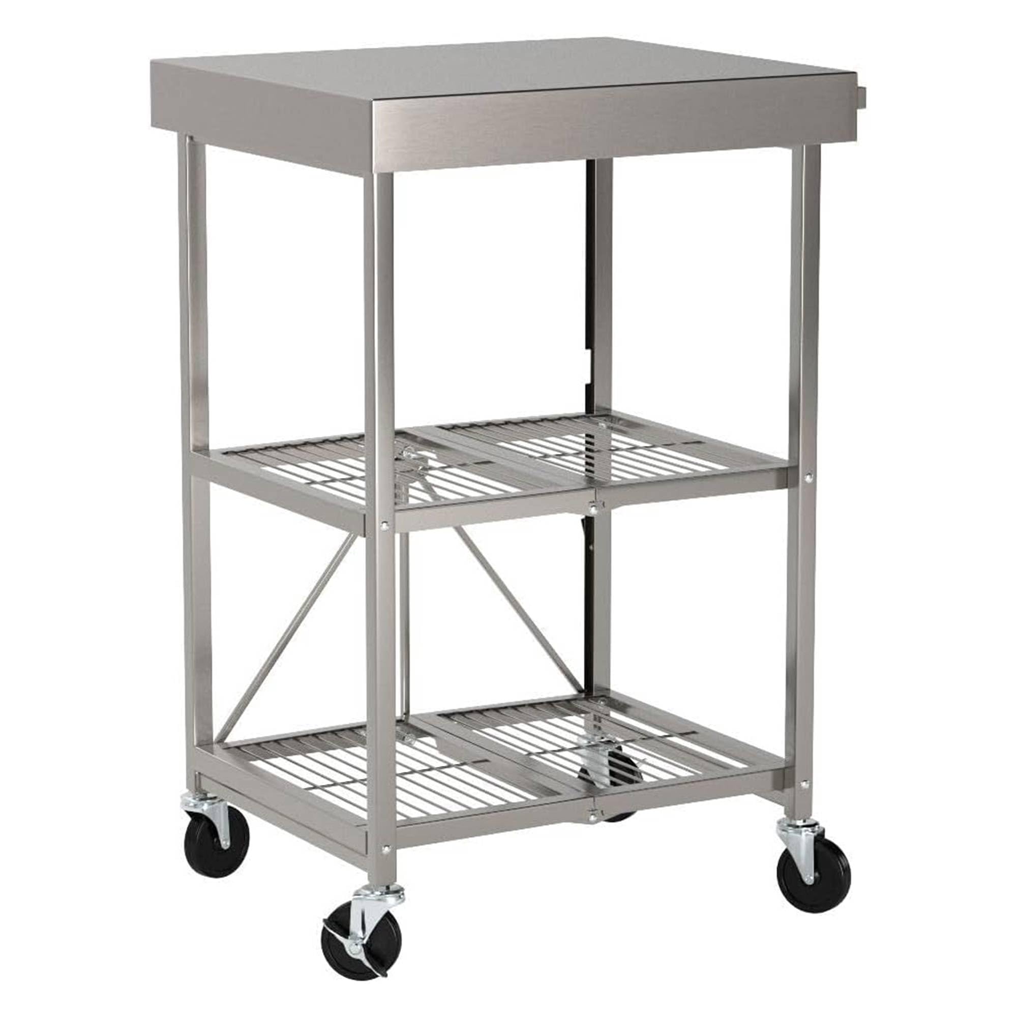 Foldable Kitchen Island Cart with Wheels - Origami RBT Silver Storage Table Organizer | Portable Mobile Kitchen Workstation for Small Spaces, Cooking Prep & Dining Serving
