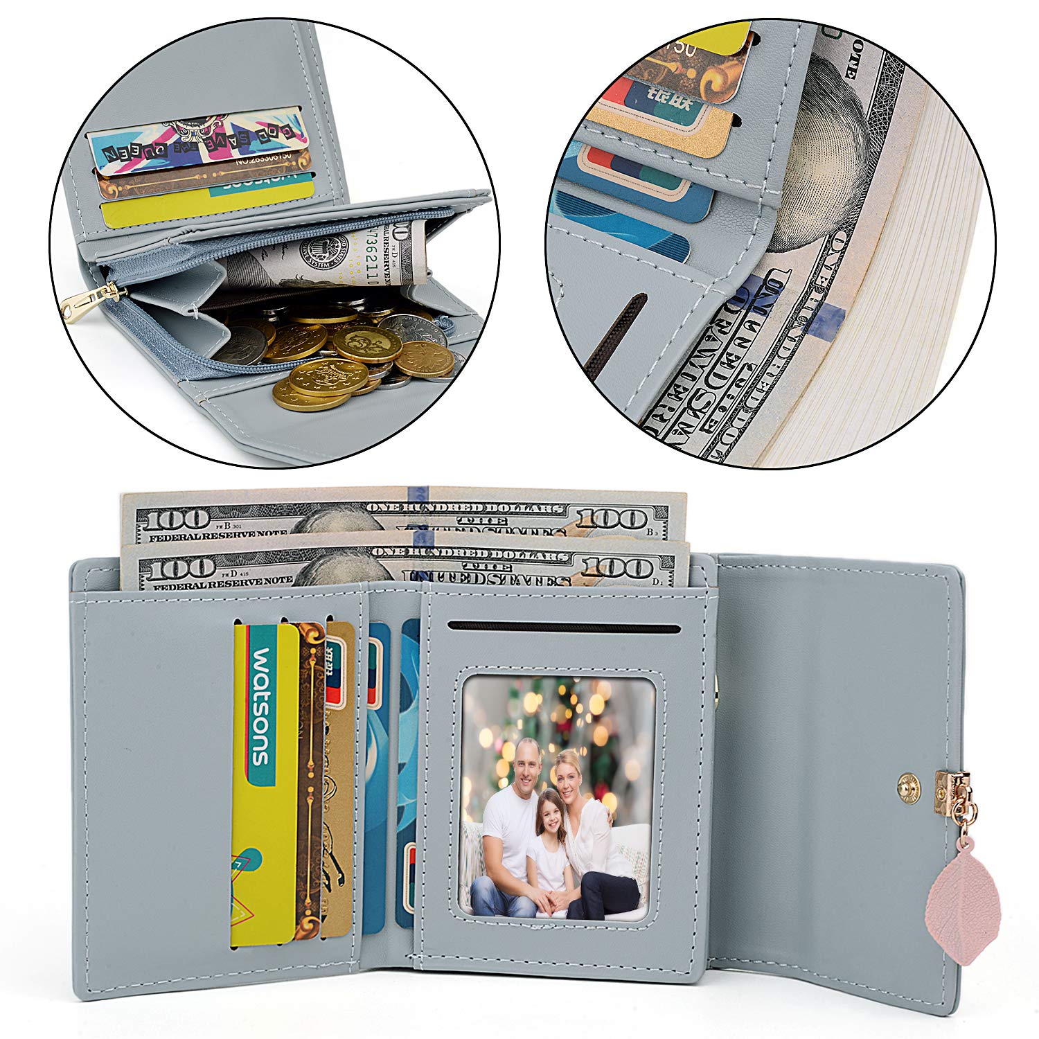 UTO RFID Blocking Wallet for Women - PU Leather Leaf Pendant Card Holder with Zipper Coin Purse | Phone & Checkbook Organizer | Perfect for Travel, Shopping & Everyday Use