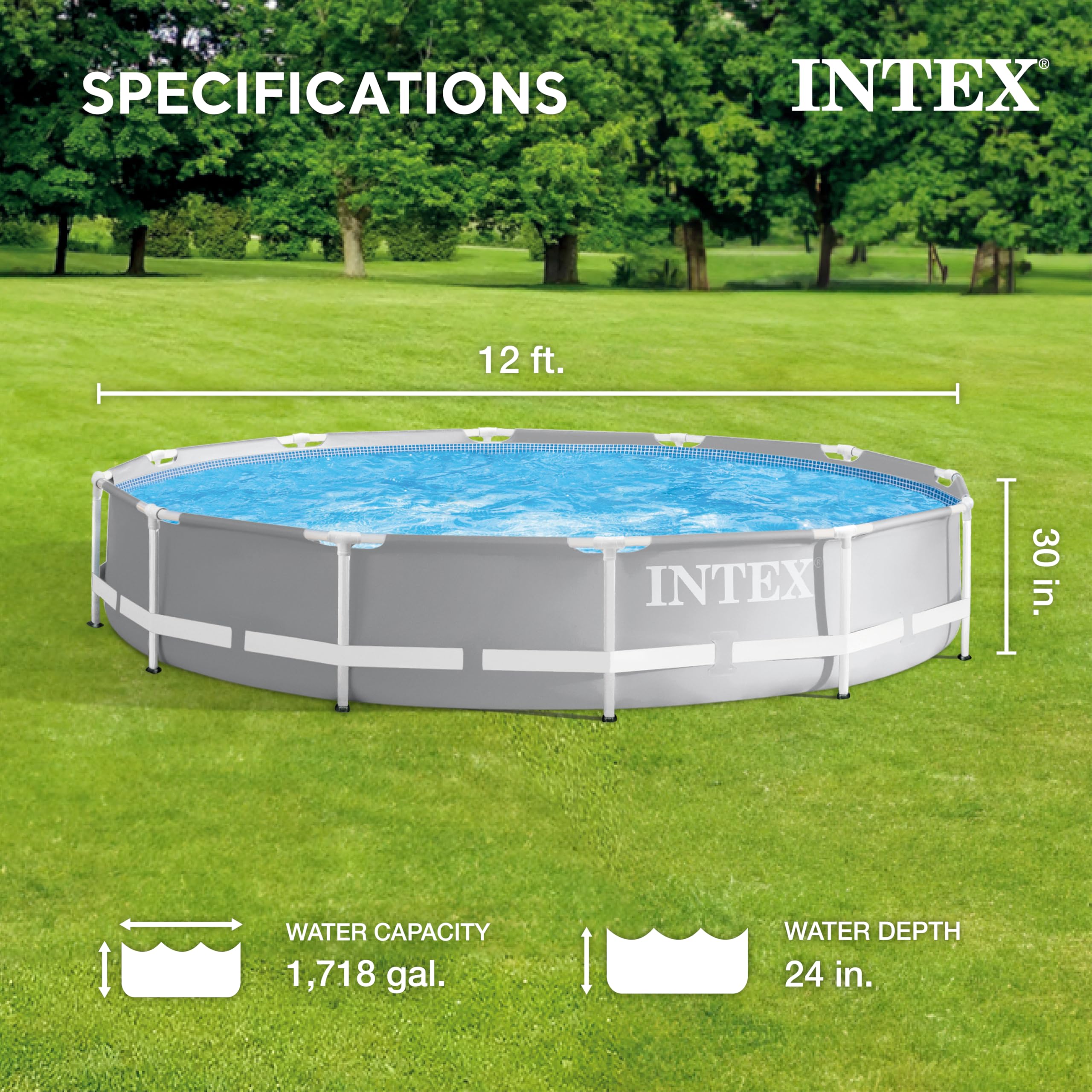 Intex 26711EH 12ft x 30in Prism Frame Premium Above Ground Swimming Pool Set with 530 GPH Cartridge Filter Pump | SuperTough Puncture & Rust Resistant | 1718 Gallon Capacity | Perfect for Backyard, Family Gatherings & Summer Fun