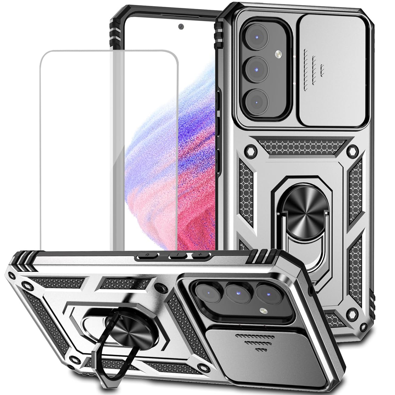 Samsung Galaxy A54 5G Case with Tempered Glass Screen Protector, Slide Camera Cover & Magnetic Ring - Shockproof Protective Phone Cover for Samsung A54 5G (SM-A546U) - Perfect for Car Mounting, Kickstand Use and Daily Protection (Silver)