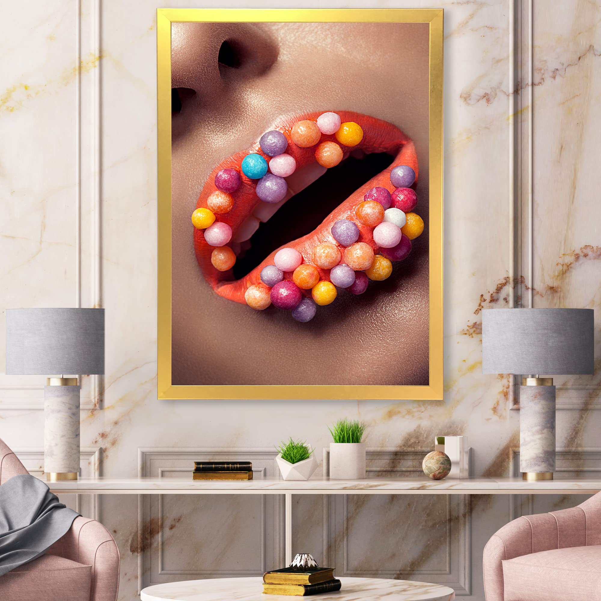 Creative Makeup Lips with Lollipops - Modern Framed Wall Art Decor for Living Room, Bedroom & Office - Unique Home Decor Gift Idea