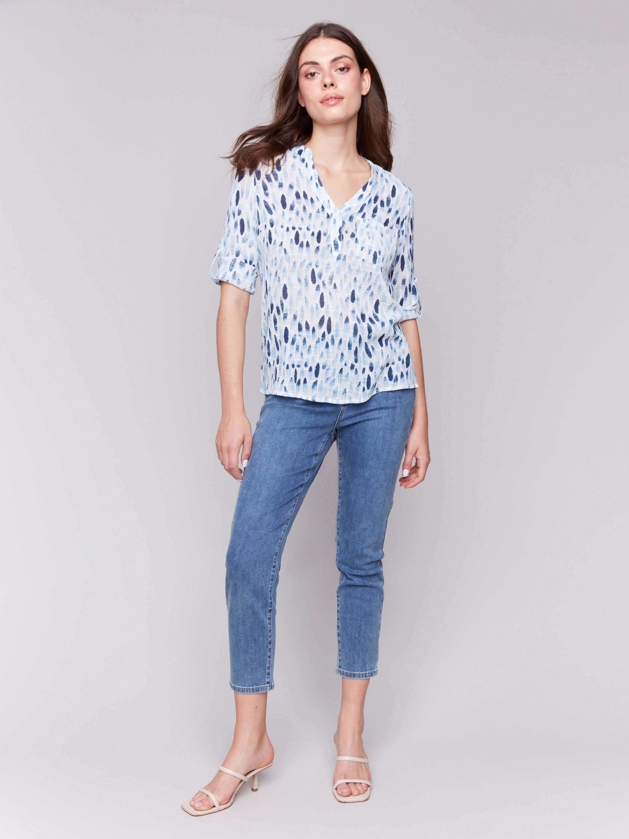 Printed Cotton Gauze Half Button Blouse for Women | Breathable & Comfortable Blue Top | Perfect for Casual Wear, Office & Summer Outfits