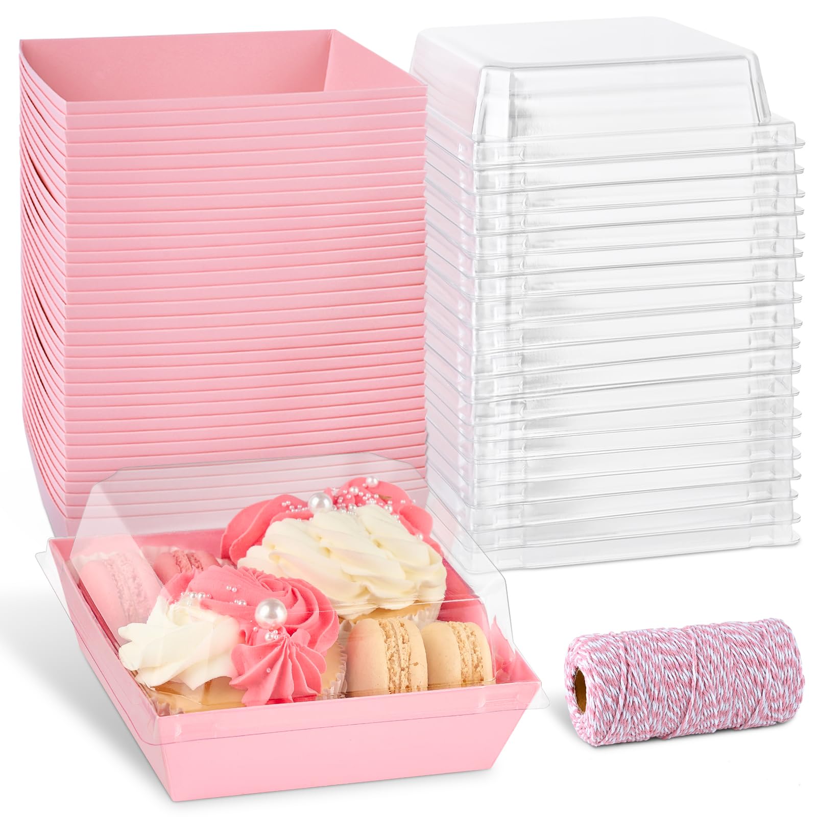 50 Pack 5 Inch Pink Square Paper Charcuterie Boxes with Clear Lids - Small Bakery To-Go Containers for Cake Slices, Desserts, Cookies, Sandwiches & Strawberries | Perfect for Parties, Catering & Gift Packaging