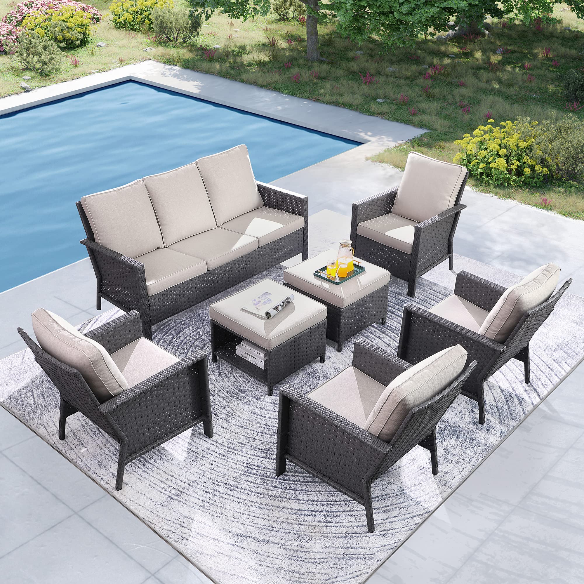 Brafab 7-Piece Outdoor PE Rattan Patio Furniture Set - Wicker Sectional Sofa with 4 Chairs & Storage Ottoman - Perfect for Garden, Porch, Backyard & Poolside Relaxation