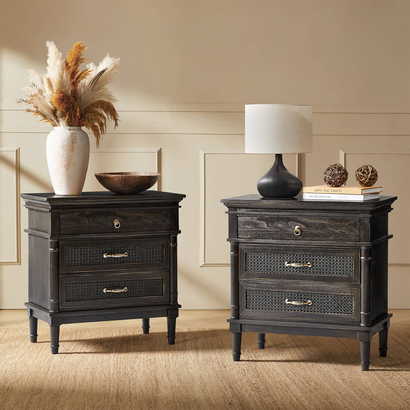 Emilio 3-Drawer Solid Wood Nightstand with USB Charging Port - Modern Bedside Table for Bedroom, Living Room & Office - Perfect for Charging Devices & Storage