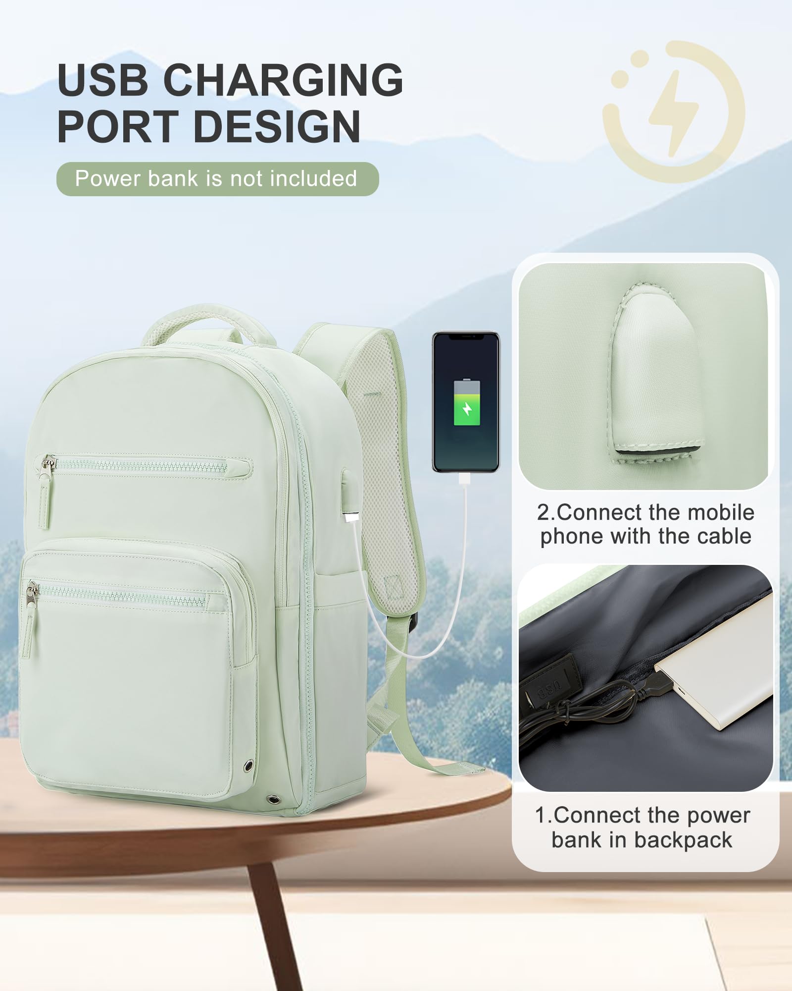 Stylish Mint Green Travel Backpack - Airline Approved, USB Charging for Work & College