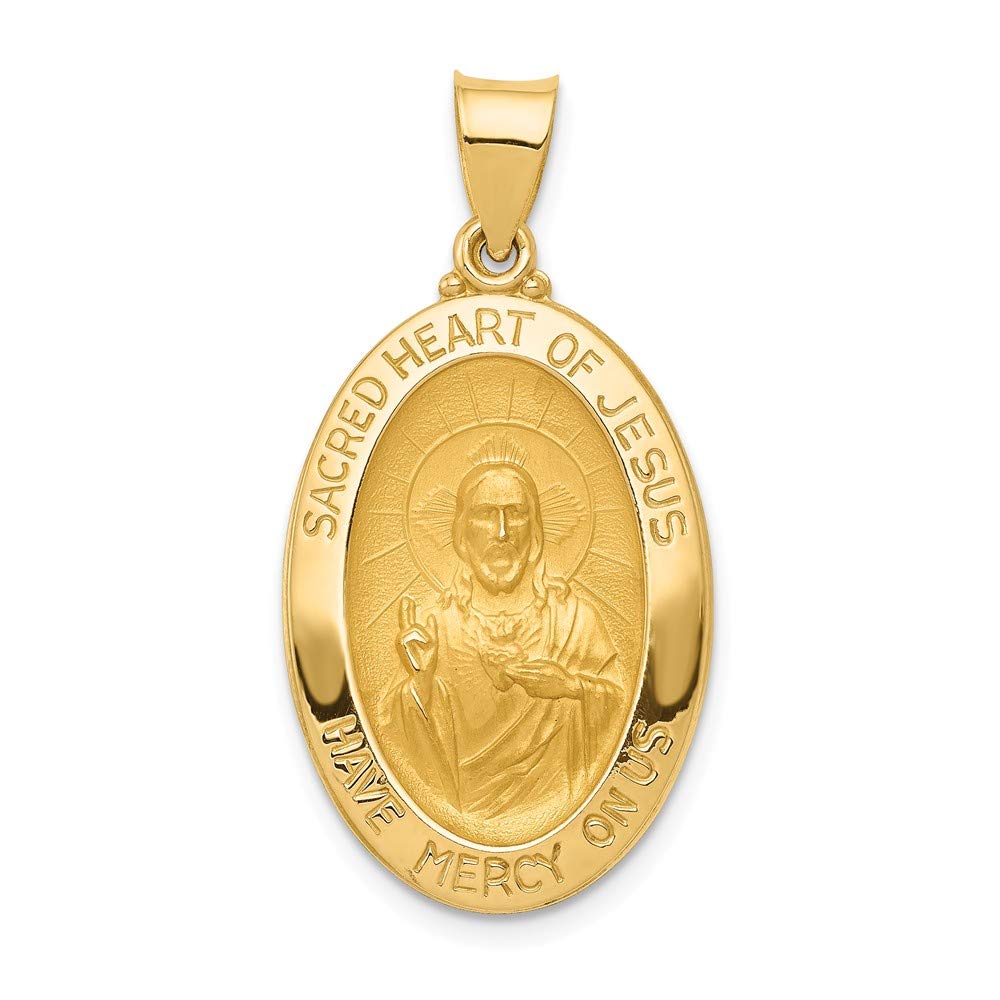 14K Yellow Gold Sacred Heart of Jesus Medal Pendant - Polished & Satin Finish | Religious Jewelry for Baptism, First Communion & Devotional Gifts