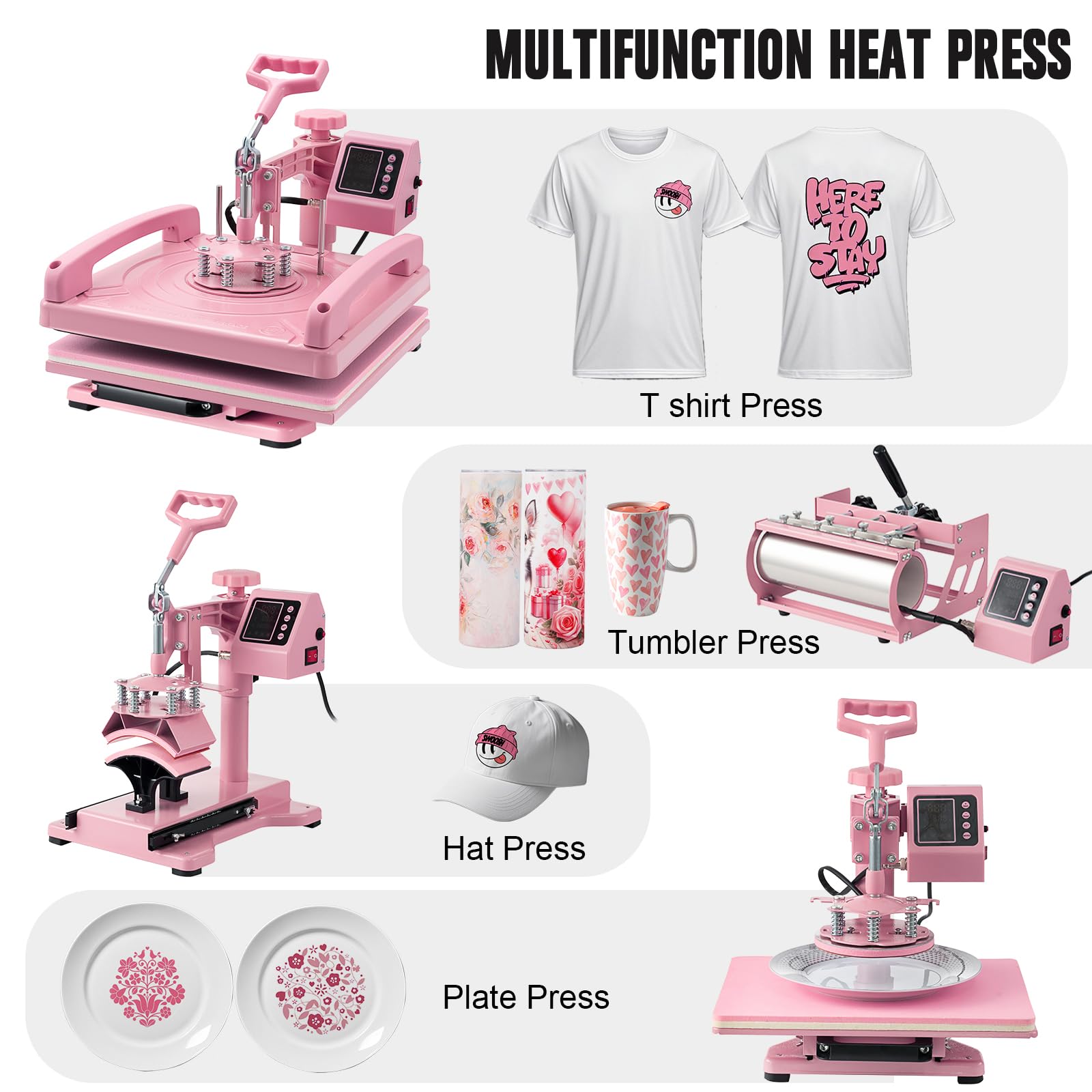 15x15 Inch 5-in-1 Heat Press Machine for T-Shirts, Hats, Mugs & Plates - Includes 30oz Tumbler Press - Perfect for DIY Sublimation, Custom Apparel & Small Business Printing
