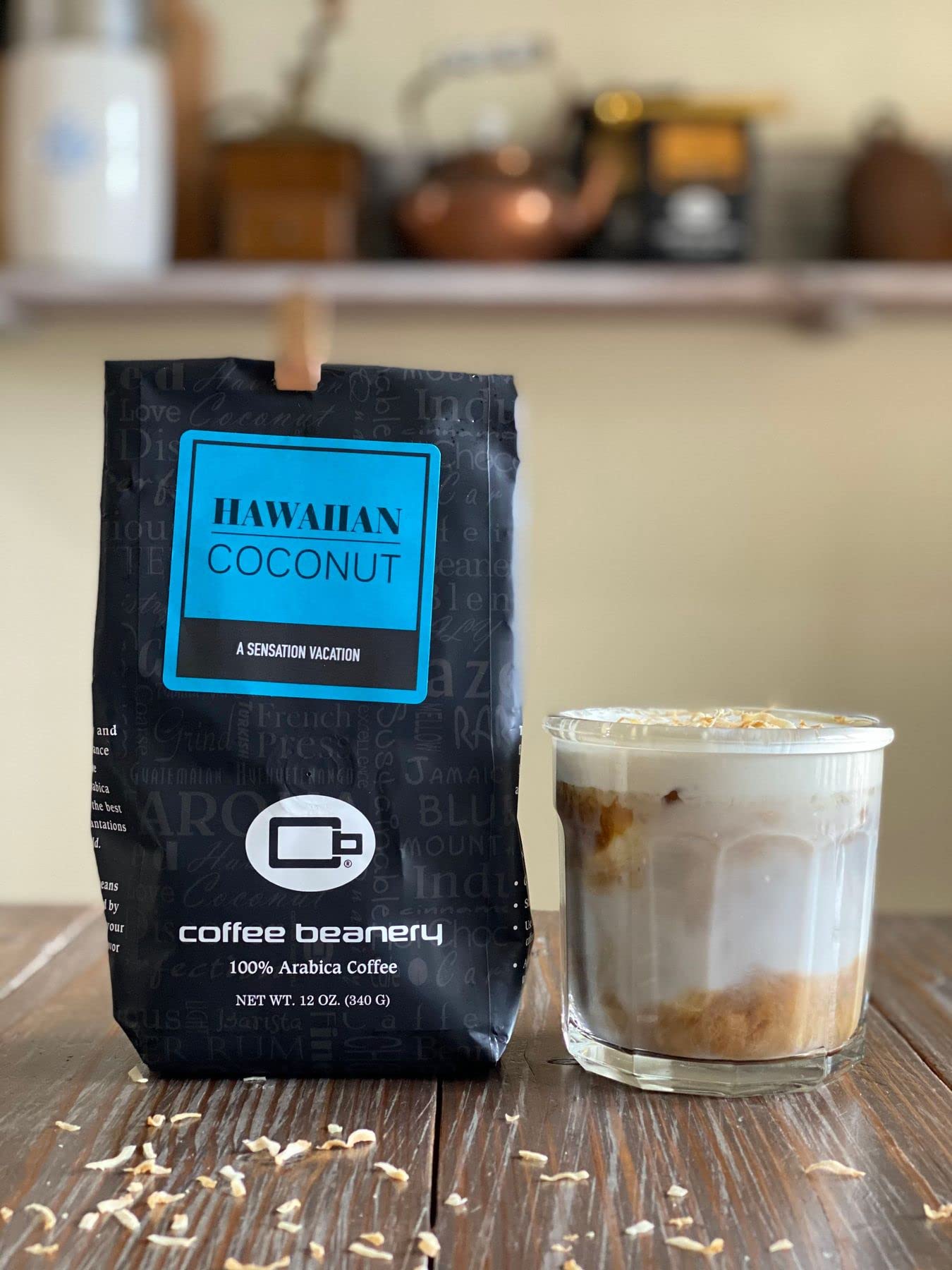 Hawaiian Coconut Flavored Decaf Coffee Beans - Swiss Water Process, Very Fine Grind, 12oz Bag - Perfect for Home Brewing & Gifting