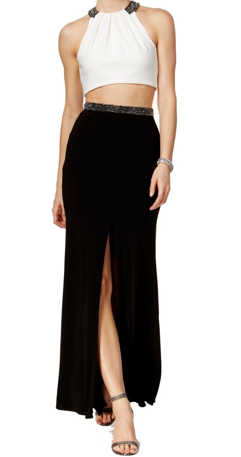 Xscape Women's Long ITY 2 Piece Outfit with Bead Neck and Waist - Elegant Evening Wear for Parties, Dinners & Special Occasions