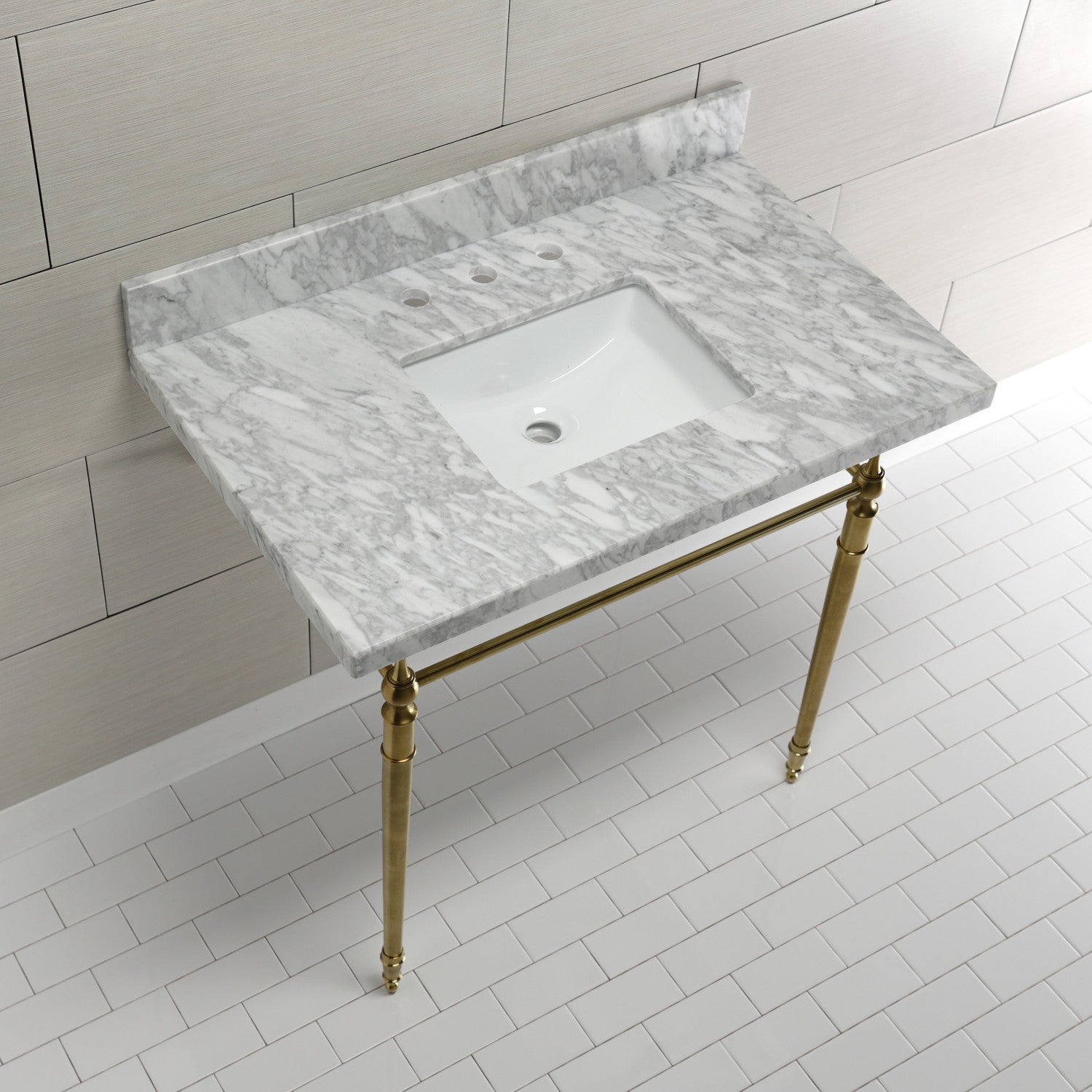 36 Inch Edwardian Style Carrara Marble Bathroom Console Sink with Brass Legs - 8 Inch Depth, 3 Hole Faucet Mount for Powder Room, Guest Bath & Luxury Home Decor