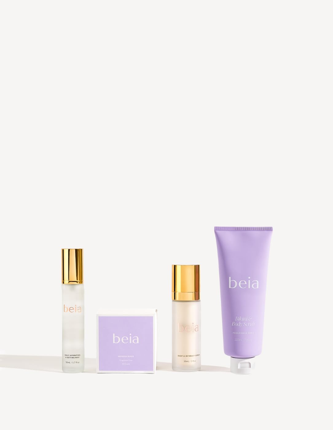 Beia Essentials Hydrating Face Mist, Exfoliating Body Scrub, Feminine Hygiene Wipes, Relaxing Massage Oil Set - Perfect Spa Gift for Women, Self-Care & Pampering Routine