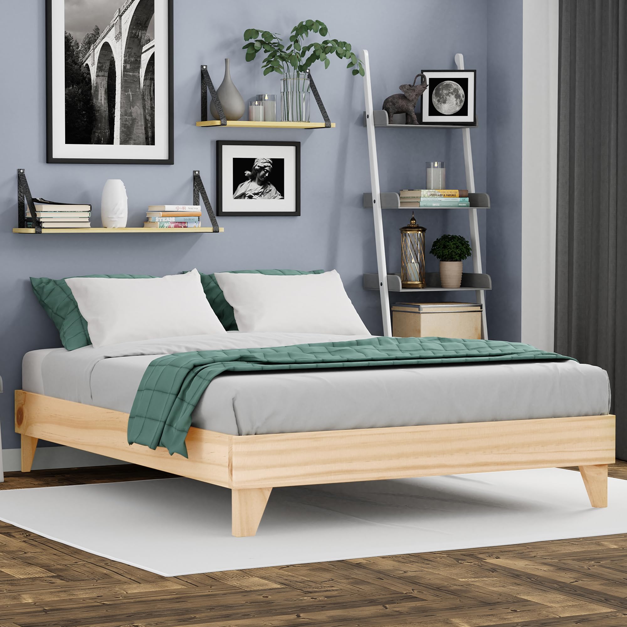 Solid Wood Queen Bed Frame - 100% New Zealand Pine Platform Bed with Reinforced Slats - Easy Assembly - Sturdy Mattress Foundation for Master Bedroom, Guest Room & Dorm