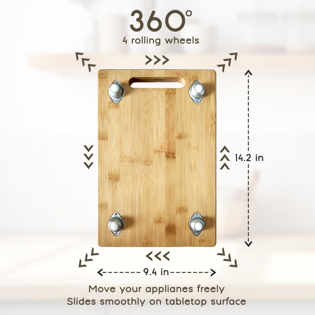 Comfecto 360° Multi-Directional Sliding Tray for Coffee Maker - Waterproof Bamboo Slide Out Tray with 4 Rolling Wheels, Perfect for Kitchen Counter Organization & Coffee Station Setup