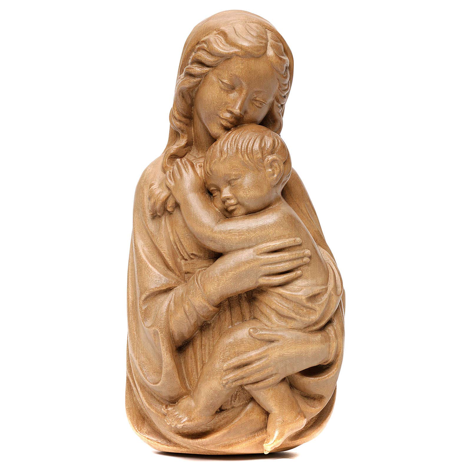 Handcrafted Bas-Relief Our Lady and Baby Jesus Statue - Patinated Val Gardena Wood Carving - 8.27 Inch Religious Home Decor for Catholic Altar, Prayer Room & Gift