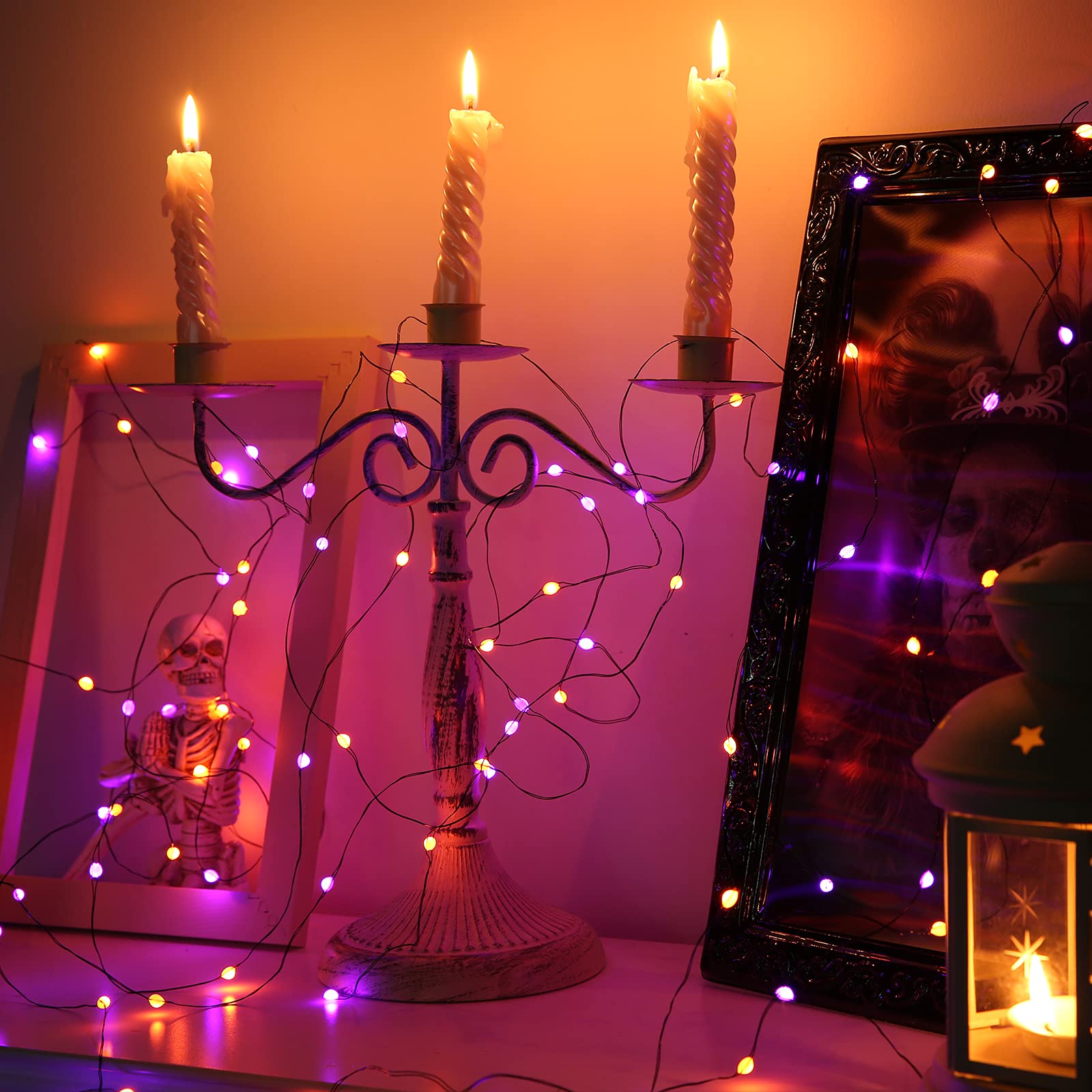 Lomotech Orange Purple Halloween Fairy Lights - 2 Pack 16.4ft 50 LED Battery Operated String Lights with Timer & 8 Modes | Waterproof Twinkle Lights for Halloween Party Decorations, Outdoor Decor, Christmas Tree, Bedroom, Garden & Wedding Decor (Black Wire)