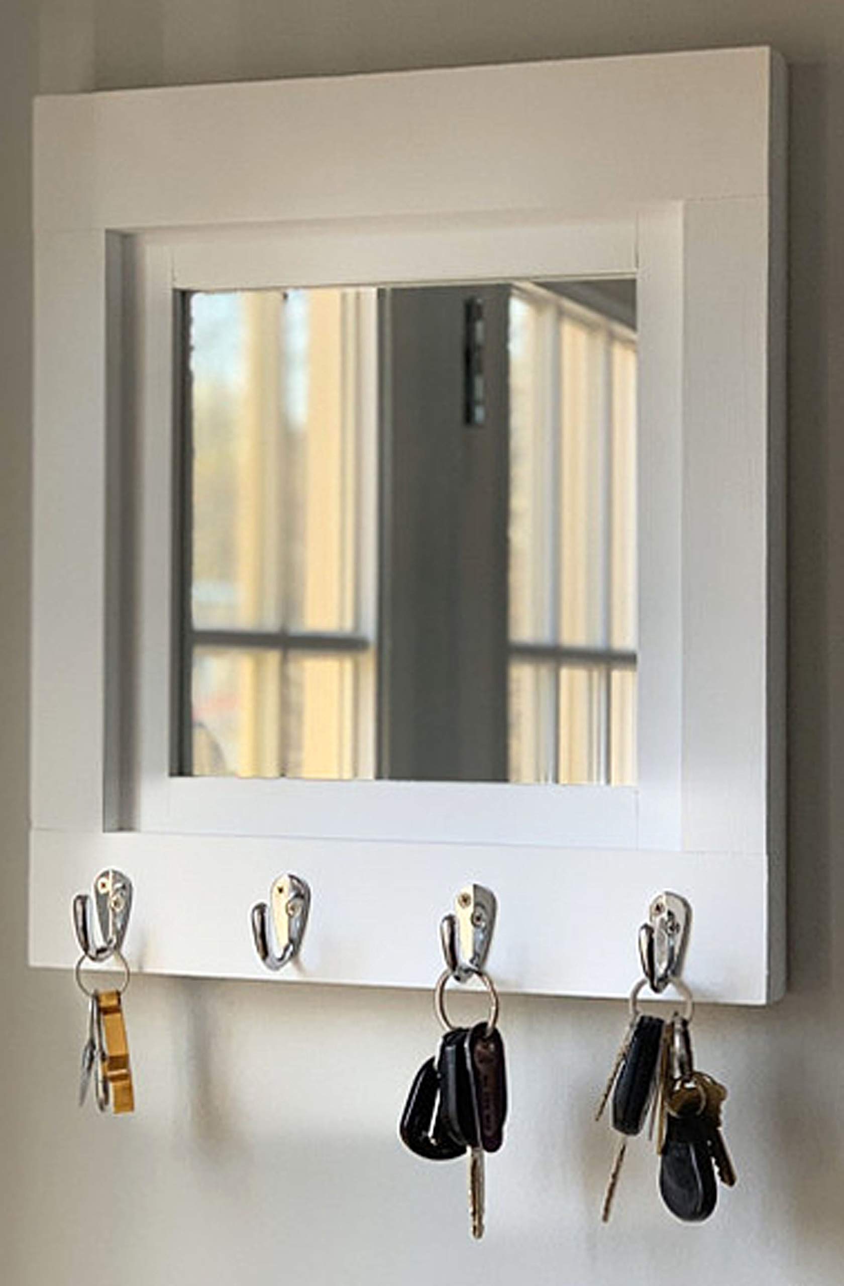 Farmhouse Wall Mirror with Hooks - 20 Colors, Entryway Organizer & Key Holder - Bright Ivory White for Home Decor