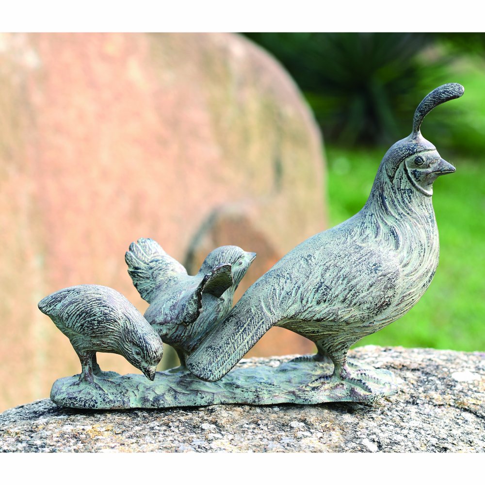 SPI Home Cast Aluminum Quail Family Statue - 10 Inch Indoor/Outdoor Decorative Garden Sculpture for Patio, Lawn, and Home Décor