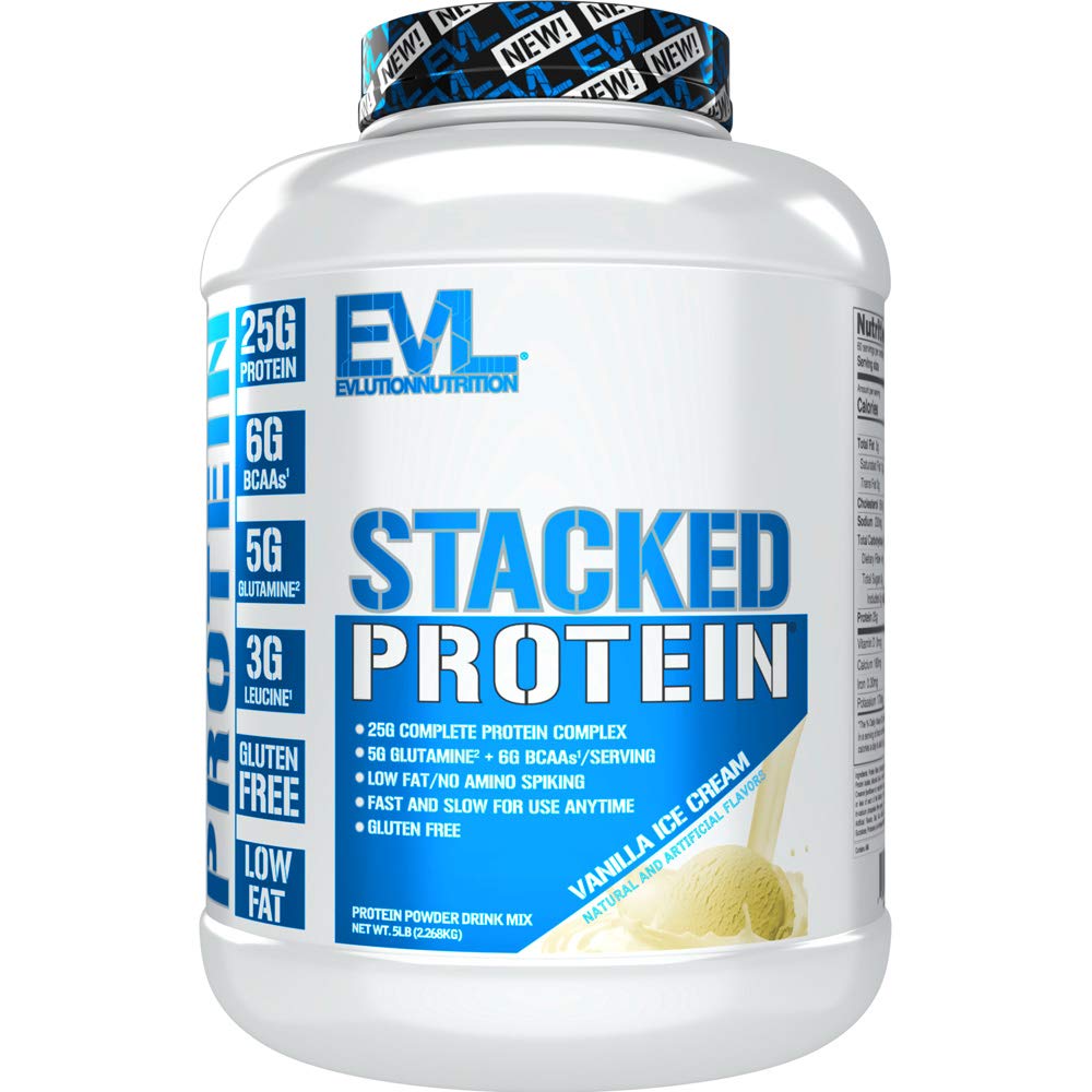 EVLUTION NUTRITION Stacked Protein Powder - 25g Protein, 6g BCAAs, 5g Glutamine - Vanilla Ice Cream Flavor (5 LB) for Muscle Recovery & Post-Workout Nutrition