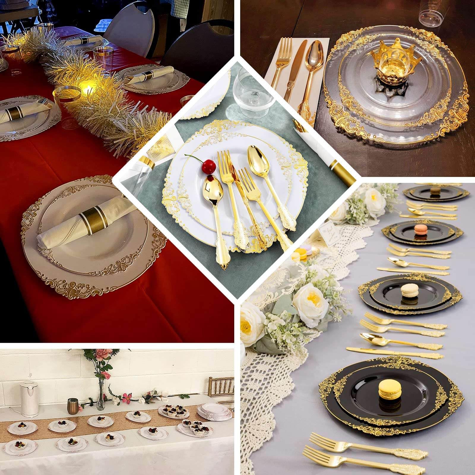 Efavormart 10 Pack White Silver Baroque 8 Inch Round Plastic Dessert Salad Plates - Disposable Elegant Tableware with Leaf Embossed Gold Rim for Parties, Weddings, and Special Events
