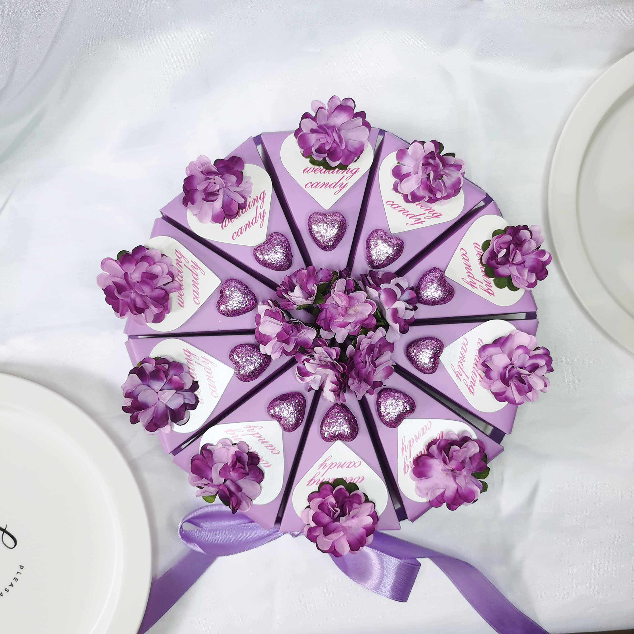 30 Pcs Wedding Candy Favor Boxes - Cake Shape Purple Floral & Sweet Heart Design with Love Tags | Elegant Wedding Party Favors, Bridal Shower Decorations, Anniversary Gifts & Special Event Treats