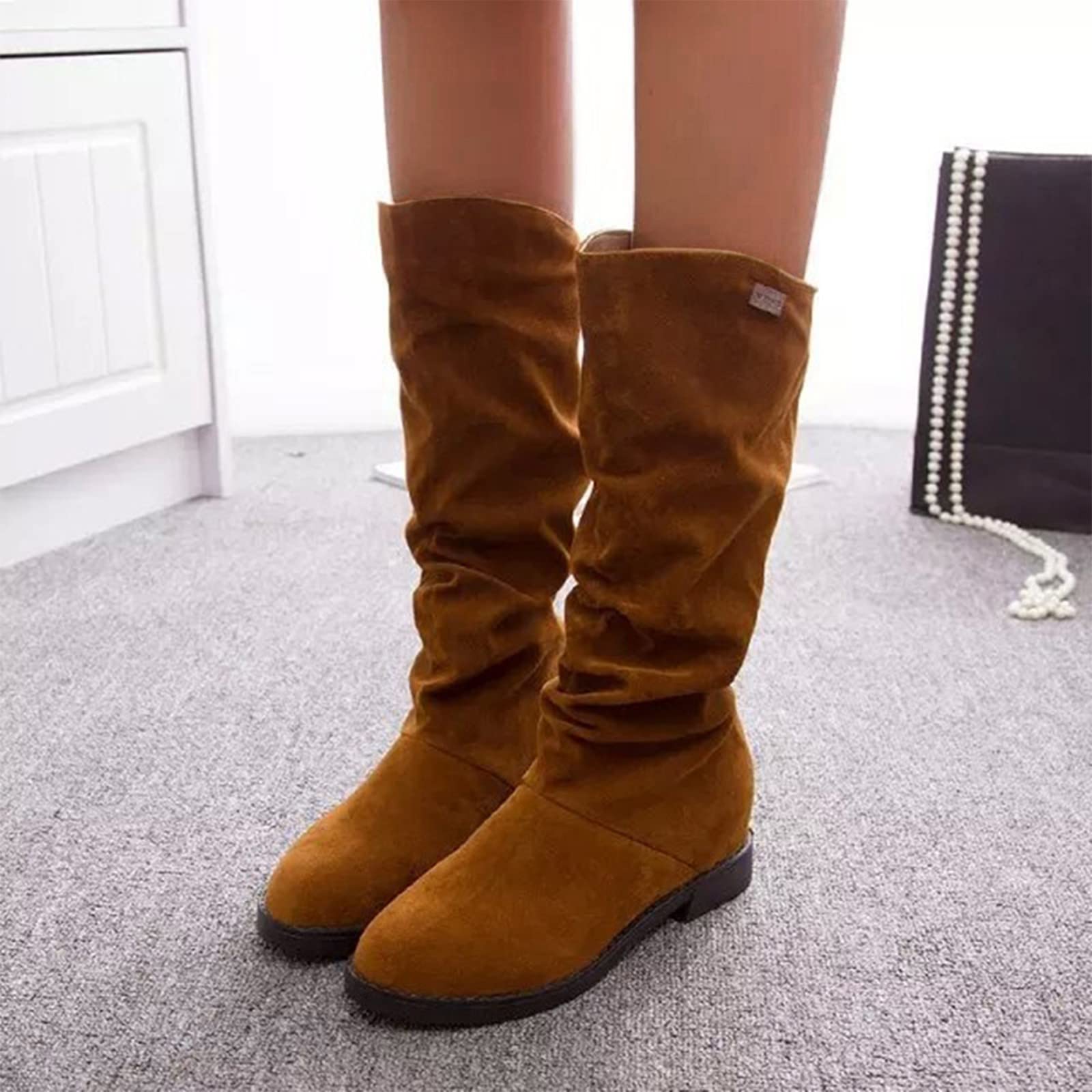 POTTON Women's Mid-Calf Suede Boots - Brown Size 8 - Gothic Ankle Booties for Work, Hiking & Casual Outfits | Comfortable & Stylish Winter Footwear for Women