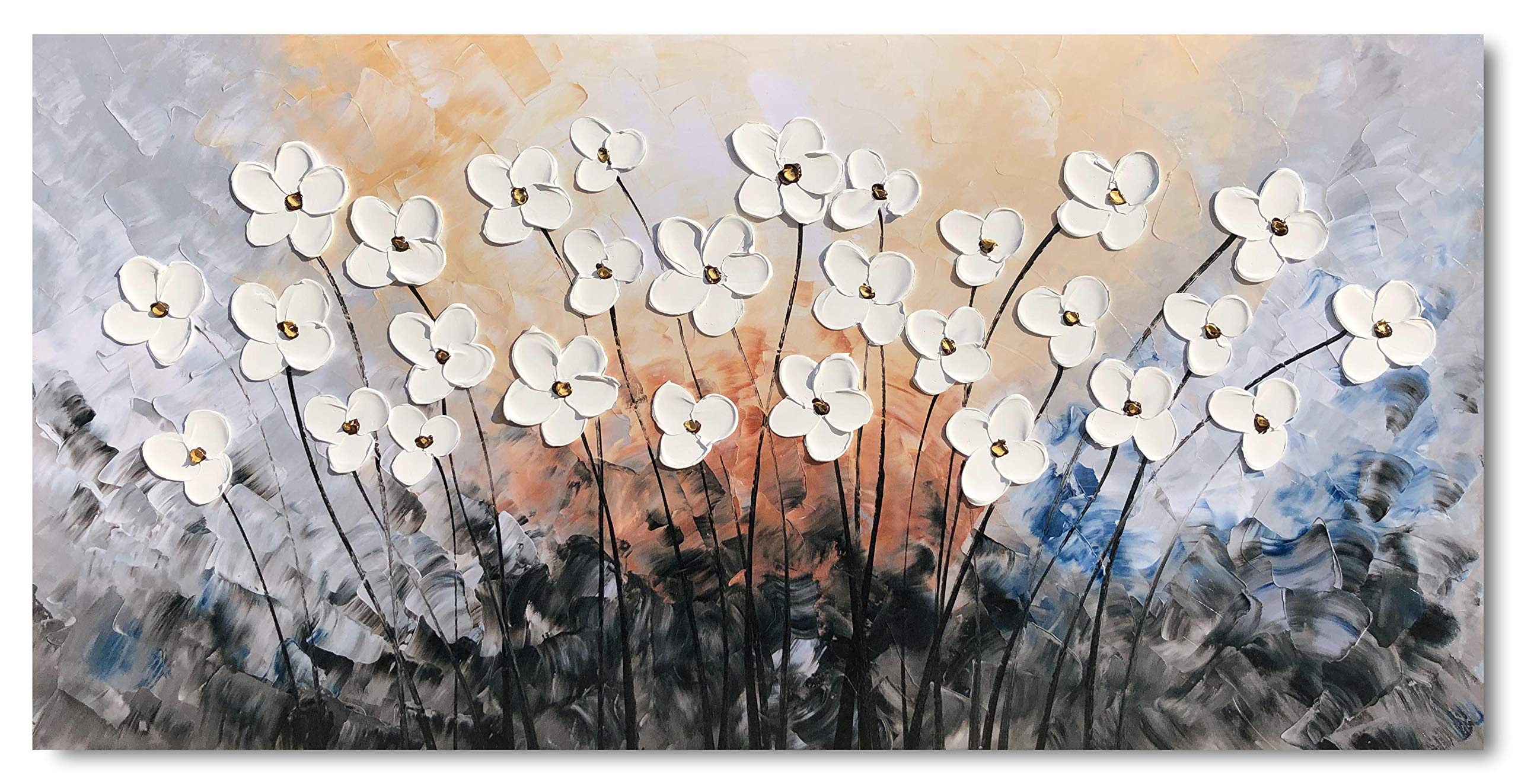 Yihui Arts Floral Paintings Canvas Wall Art - Contemporary Grey Framed Canvas Print for Living Room, Bedroom & Office Decor - Ready to Hang Modern Home Artwork