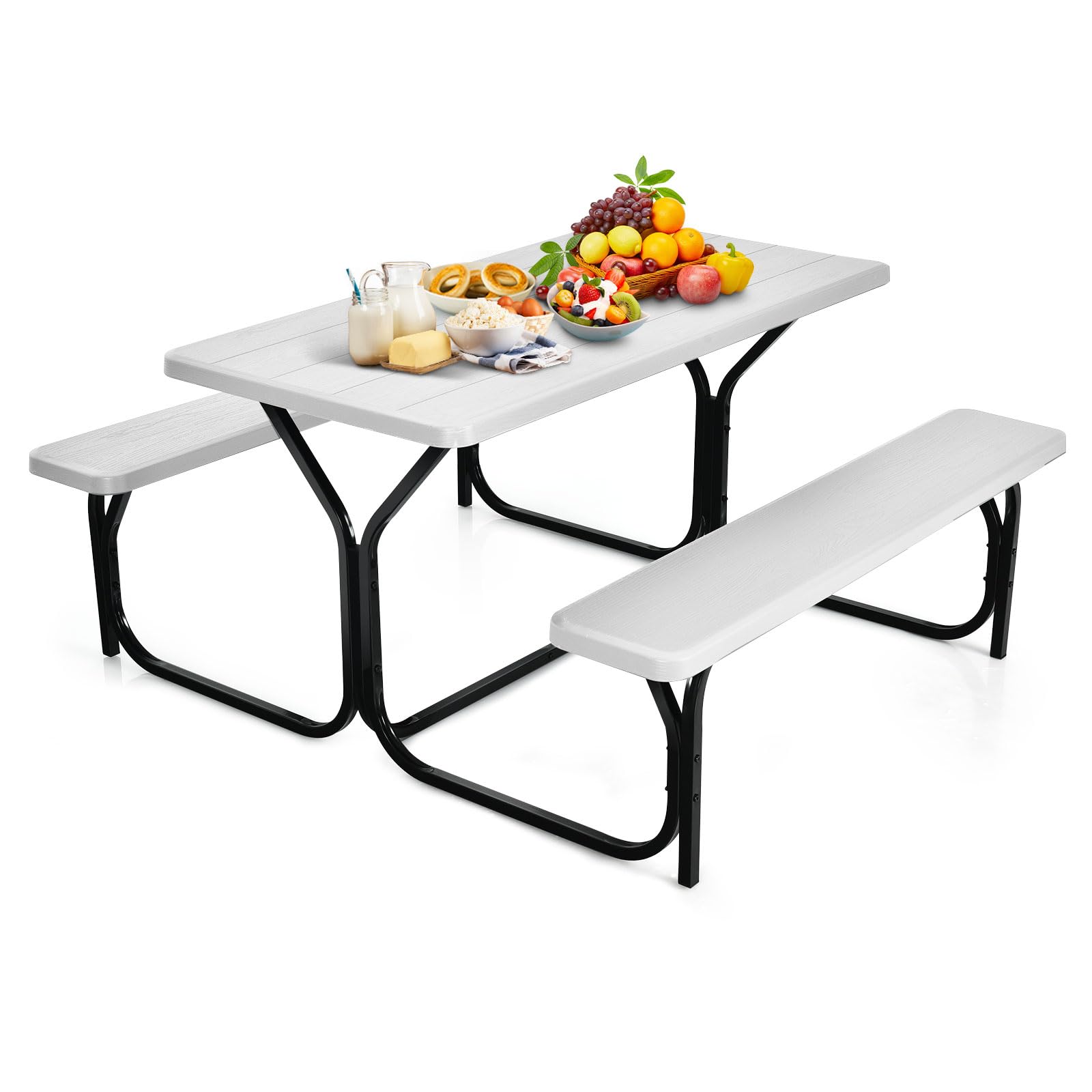 SILKYDRY Outdoor Picnic Table Set with 2 Benches - Steel Frame & Wood-Like Texture Tabletop - Portable Camping Picnic Table for Backyard, Patio, Garden, Balcony & Beach (White) - Perfect for BBQs, Family Gatherings & Outdoor Dining