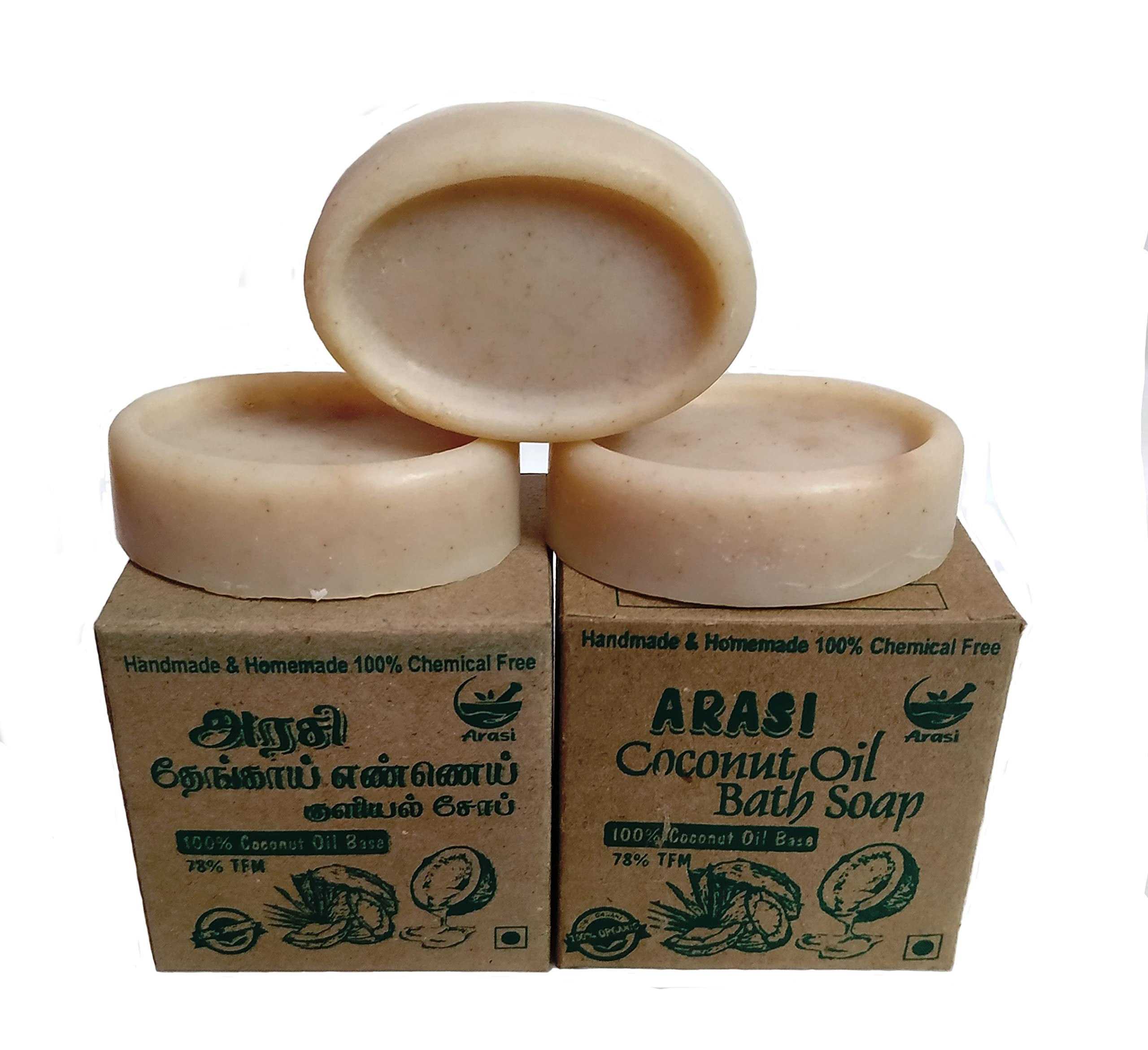 Arasi Pure Handmade Coconut Oil Bath Soap - 3 Pack (50g Each) with Gram Flour | Moisturizing & Natural Skin Care for Dry Skin, Body Wash & Gift Sets