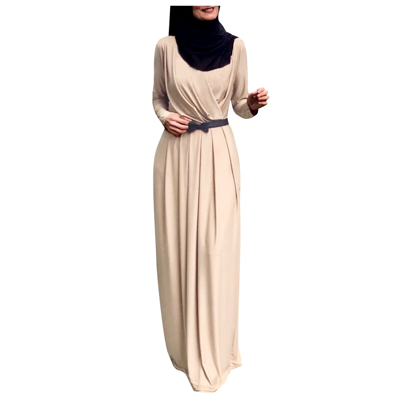 Elegant Long Sleeve Muslim Abaya Dress for Women - Flowy Maxi Kaftan with Tie Detail, Plus Size Modest Fashion - Perfect for Prayer, Special Occasions & Everyday Wear