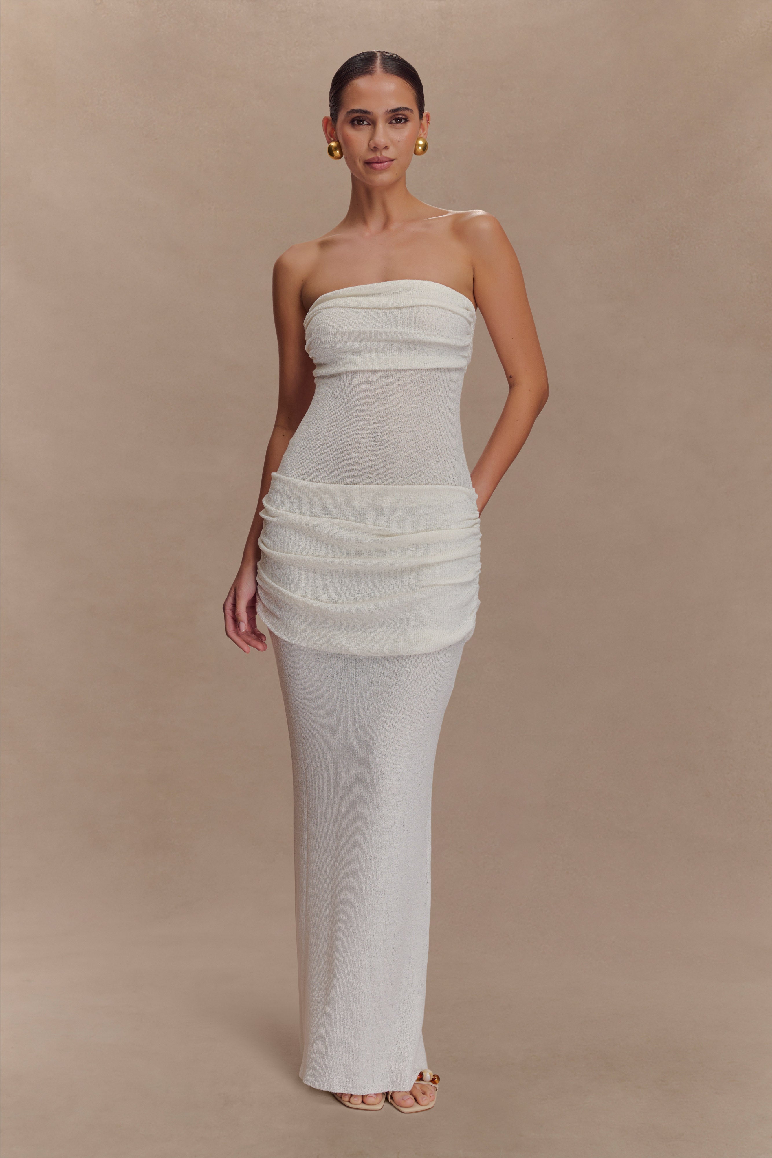 Elora Strapless Knit Maxi Dress for Women - Ivory Long Summer Beach Dress for Vacation, Wedding Guest, Party & Special Occasions